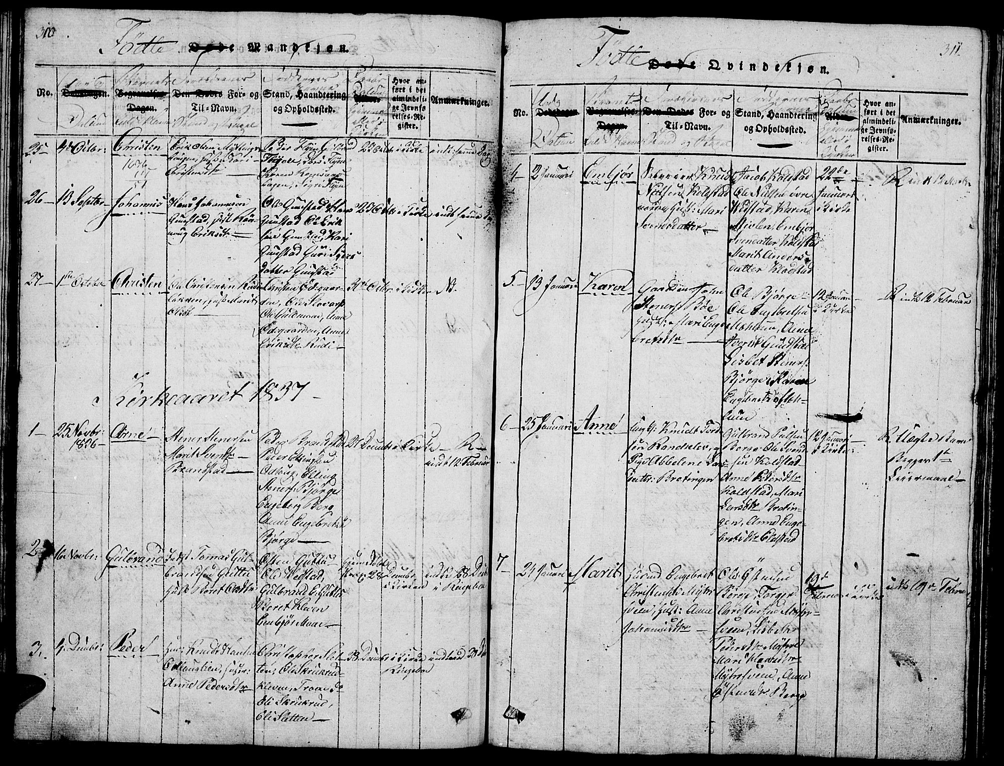 Ringebu prestekontor, SAH/PREST-082/H/Ha/Hab/L0001: Parish register (copy) no. 1, 1821-1839, p. 310-311