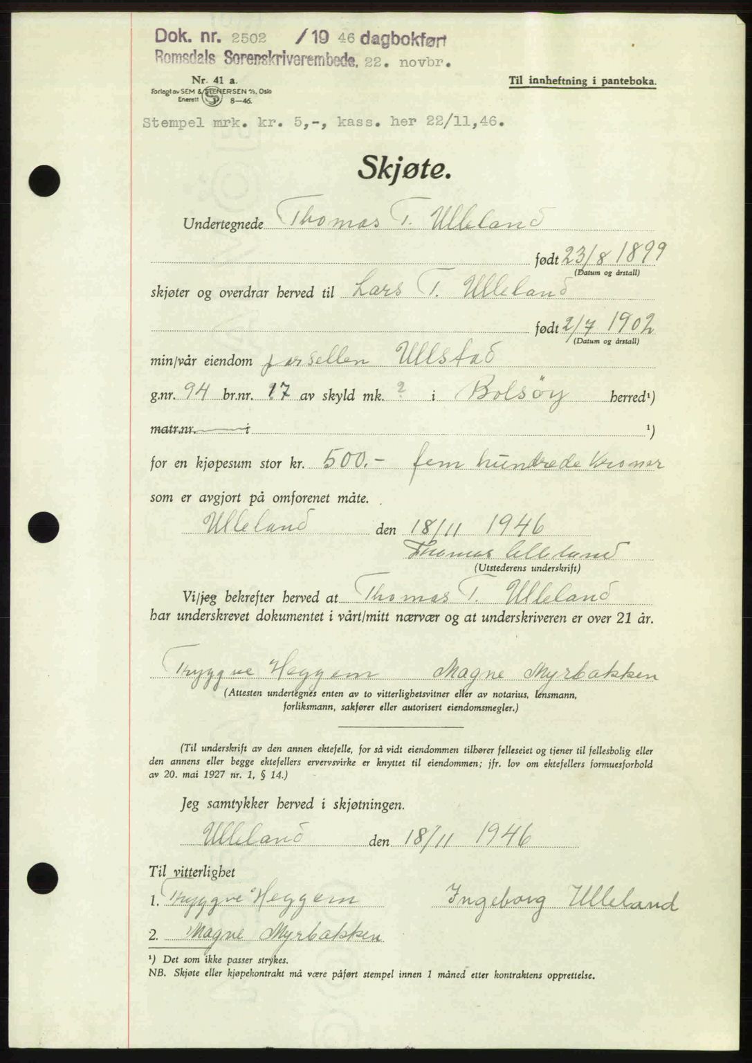 Romsdal sorenskriveri, AV/SAT-A-4149/1/2/2C: Mortgage book no. A21, 1946-1946, Diary no: : 2502/1946