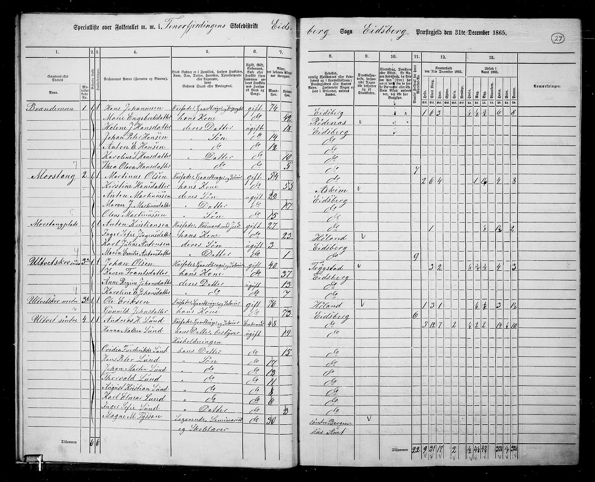 RA, 1865 census for Eidsberg, 1865, p. 22