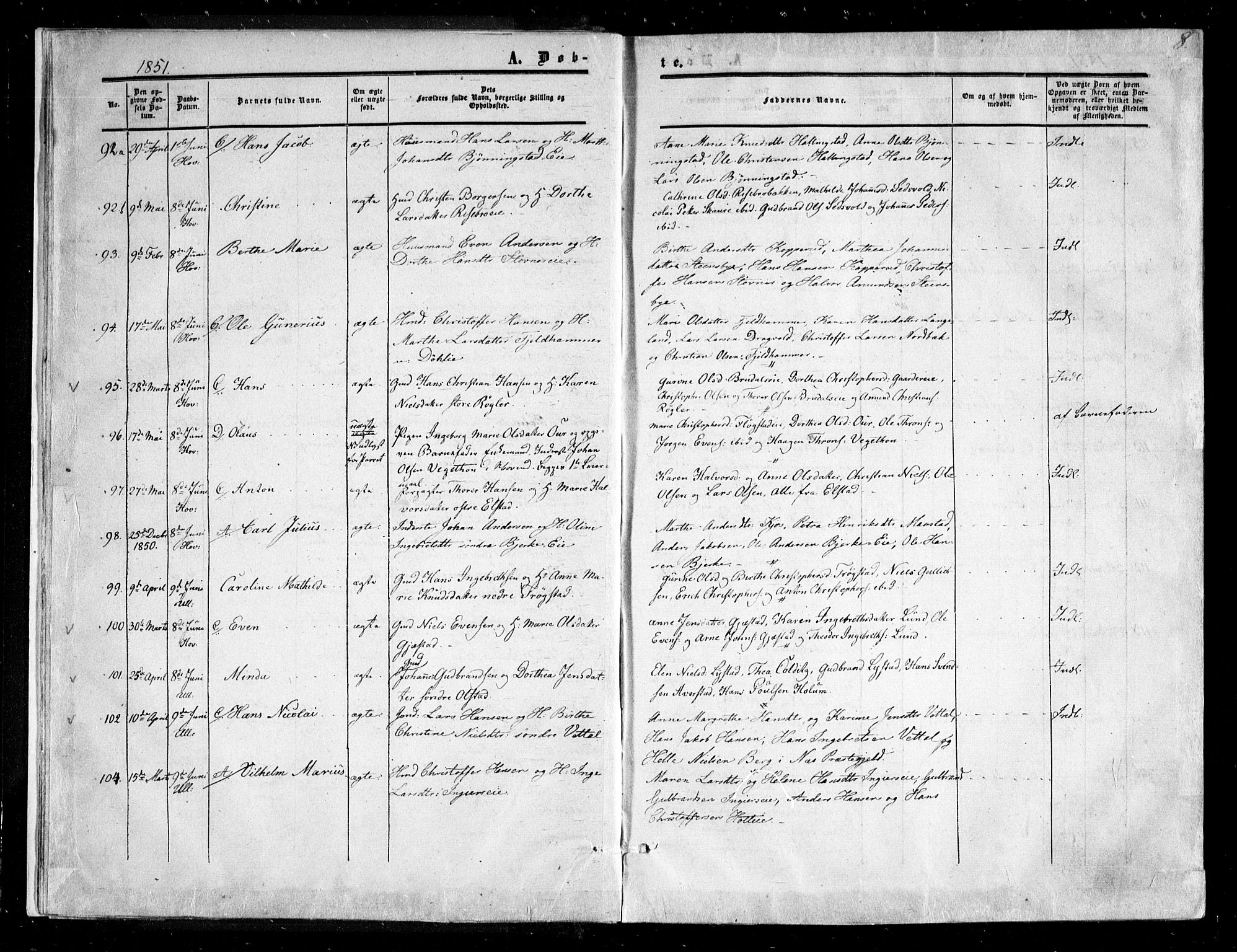 Ullensaker prestekontor Kirkebøker, SAO/A-10236a/F/Fa/L0015.a: Parish register (official) no. I 15A, 1851-1862, p. 8