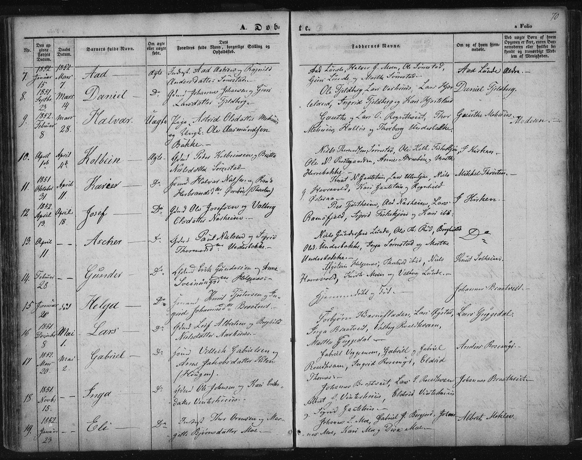 Suldal sokneprestkontor, SAST/A-101845/01/IV/L0008: Parish register (official) no. A 8, 1836-1853, p. 70