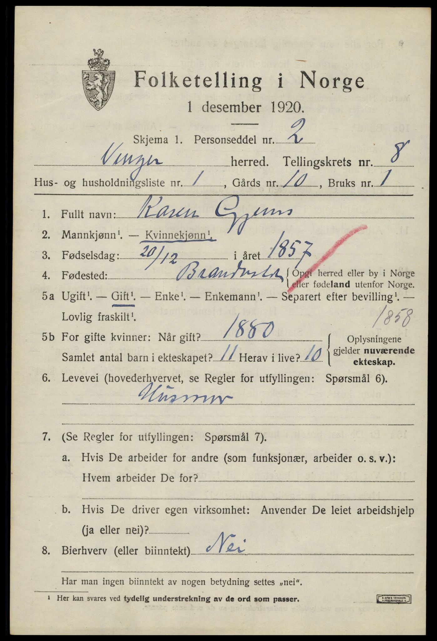 SAH, 1920 census for Vinger, 1920, p. 6964