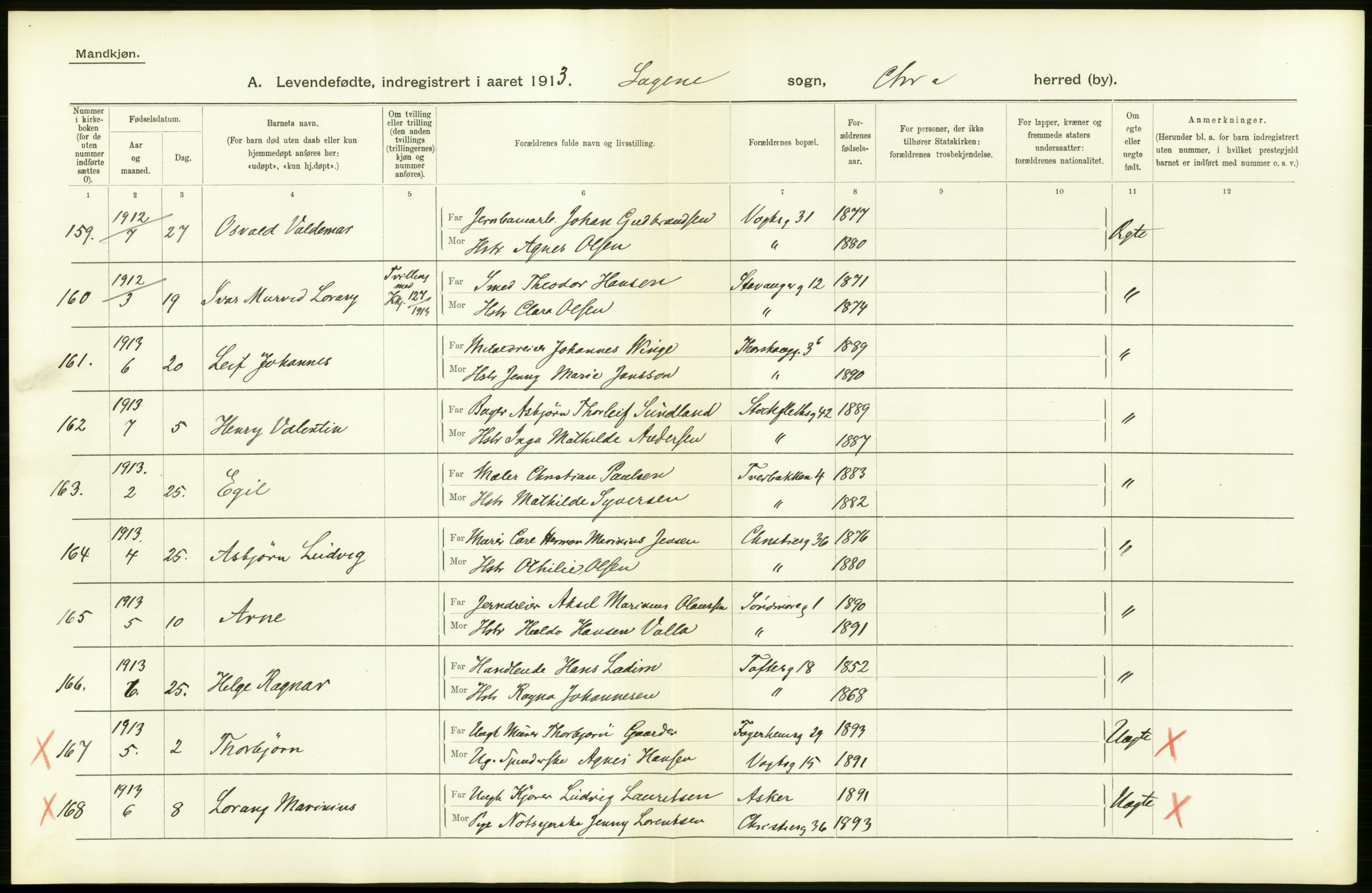 Statistisk sentralbyrå, Sosiodemografiske emner, Befolkning, AV/RA-S-2228/D/Df/Dfb/Dfbc/L0006: Kristiania: Levendefødte menn og kvinner., 1913, p. 28