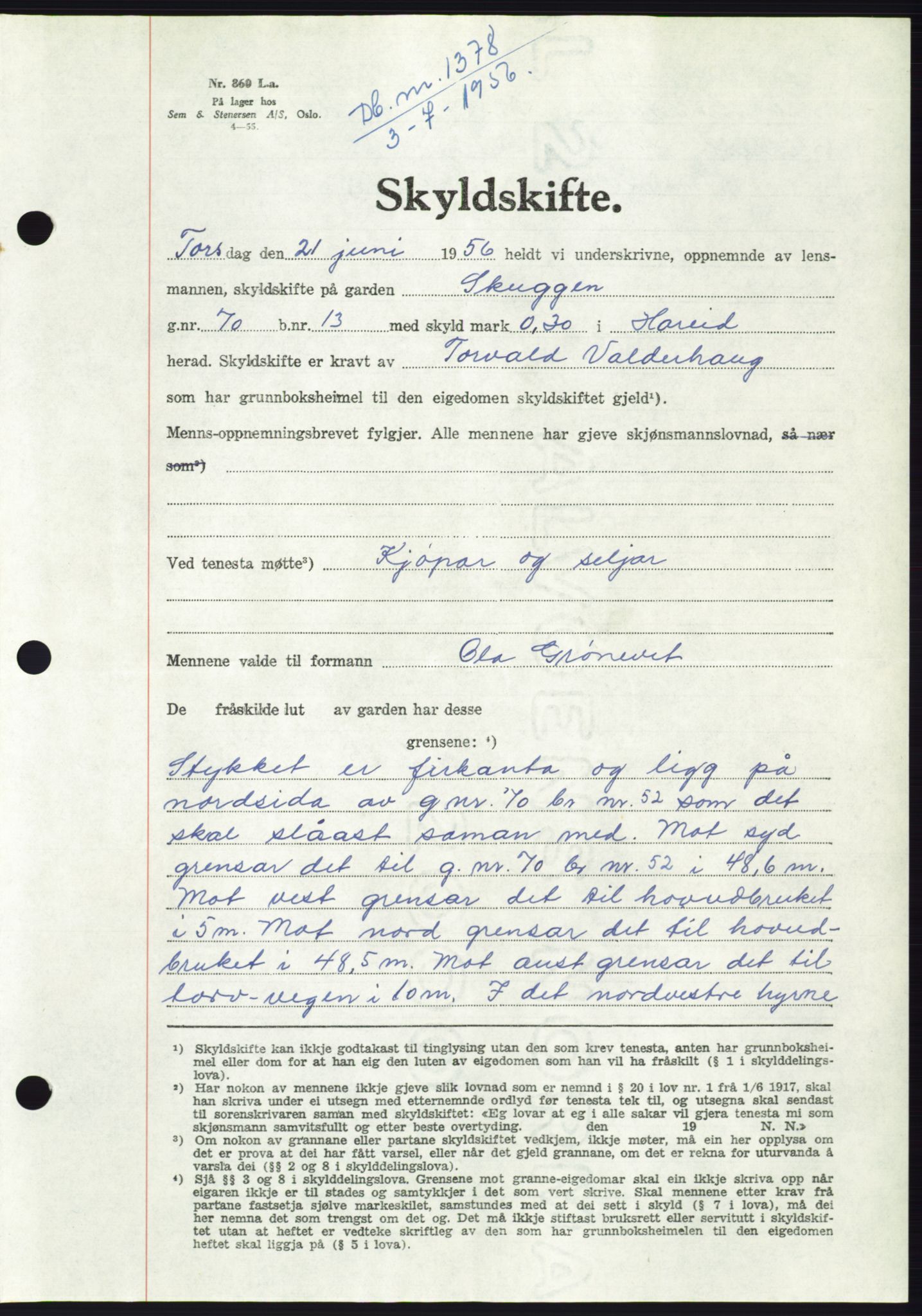 Søre Sunnmøre sorenskriveri, AV/SAT-A-4122/1/2/2C/L0104: Mortgage book no. 30A, 1956-1956, Diary no: : 1378/1956