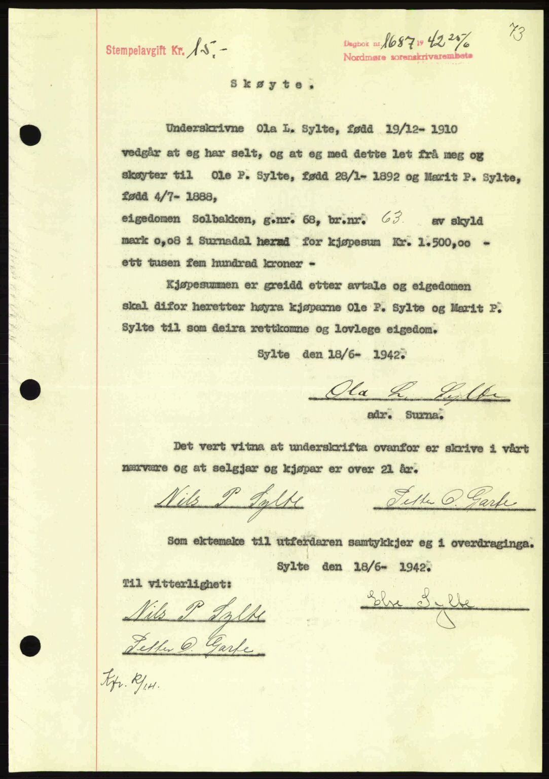 Nordmøre sorenskriveri, AV/SAT-A-4132/1/2/2Ca: Mortgage book no. A93, 1942-1942, Diary no: : 1687/1942