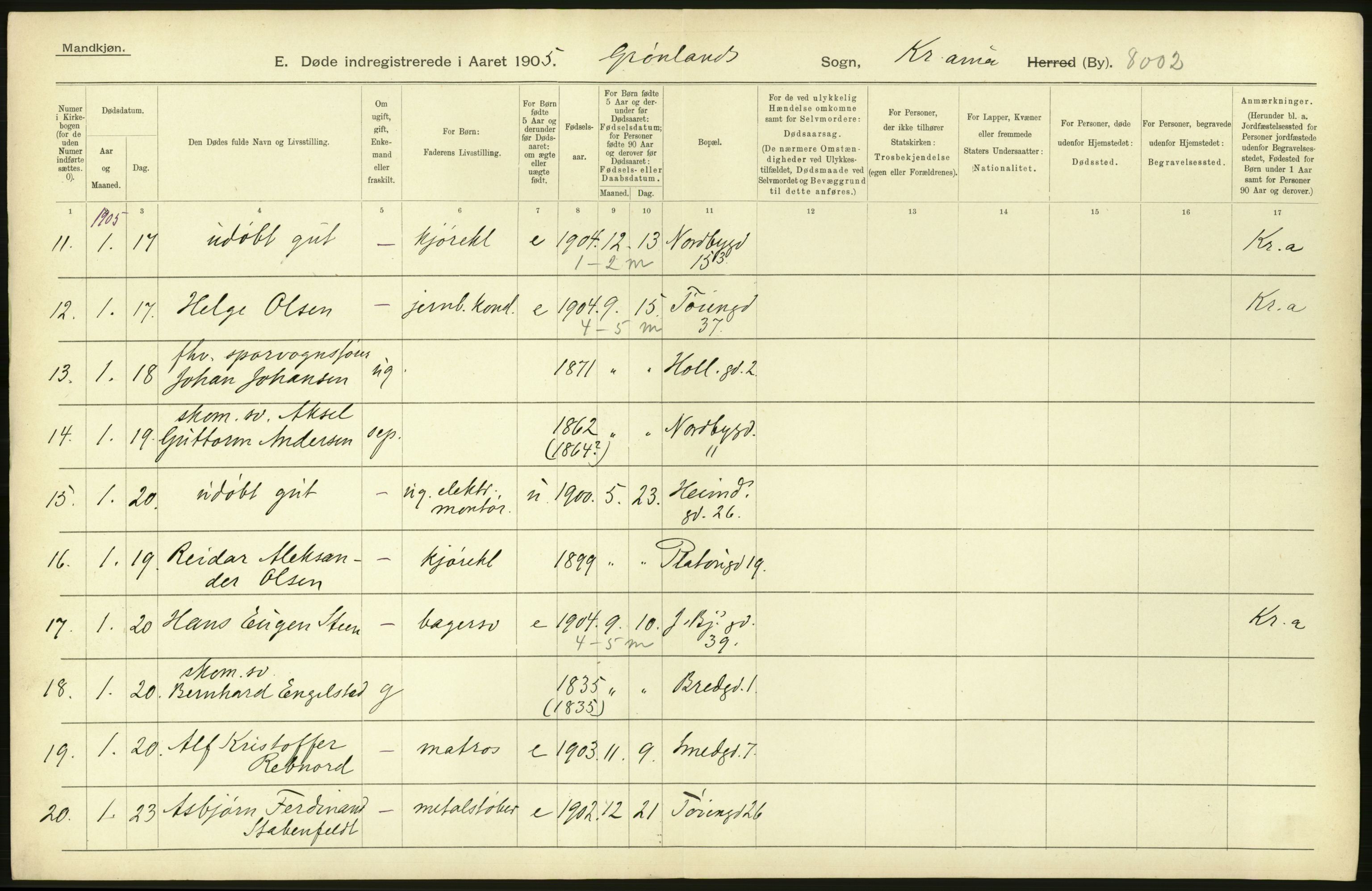 Statistisk sentralbyrå, Sosiodemografiske emner, Befolkning, AV/RA-S-2228/D/Df/Dfa/Dfac/L0007a: Kristiania: Døde, dødfødte., 1905, p. 734