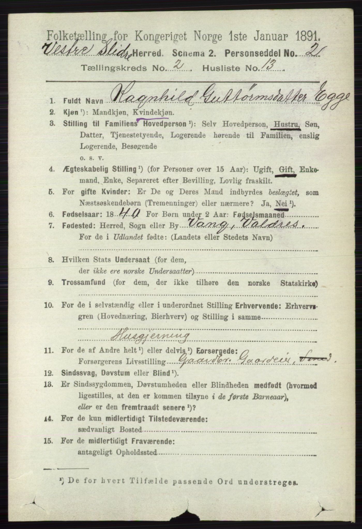 RA, 1891 census for 0543 Vestre Slidre, 1891, p. 600