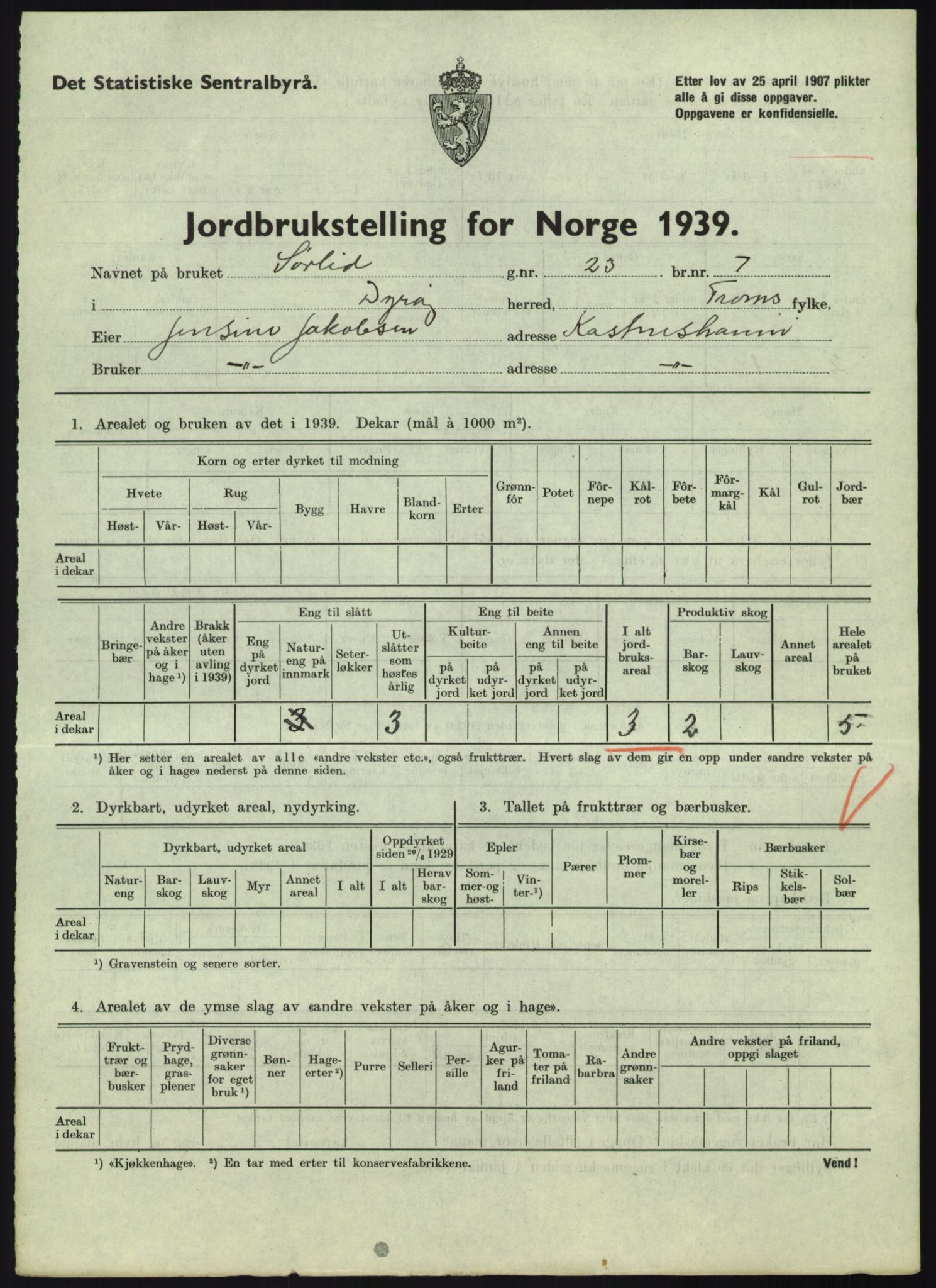 Statistisk sentralbyrå, Næringsøkonomiske emner, Jordbruk, skogbruk, jakt, fiske og fangst, AV/RA-S-2234/G/Gb/L0340: Troms: Salangen og Dyrøy, 1939, p. 847