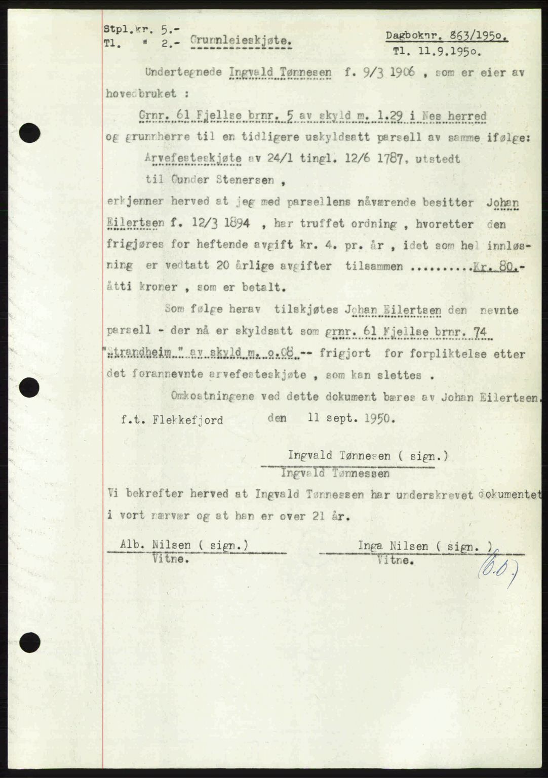 Flekkefjord sorenskriveri, AV/SAK-1221-0001/G/Gb/Gba/L0067: Mortgage book no. A-15, 1950-1950, Diary no: : 863/1950