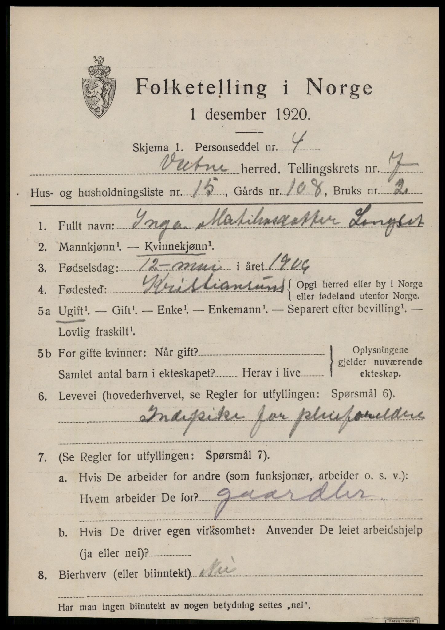 SAT, 1920 census for Vatne, 1920, p. 3322