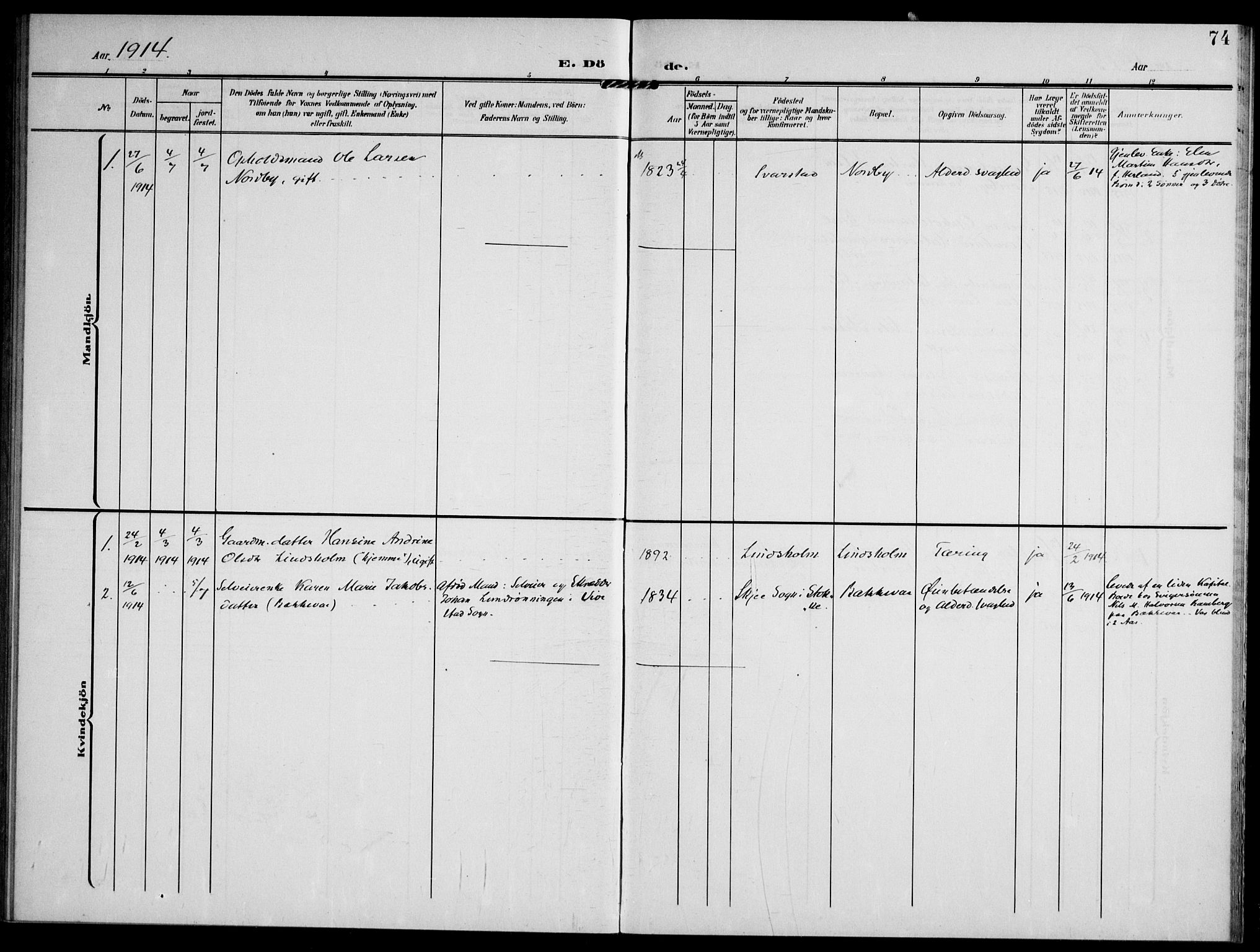 Lardal kirkebøker, AV/SAKO-A-350/F/Fc/L0002: Parish register (official) no. III 2, 1907-1921, p. 74