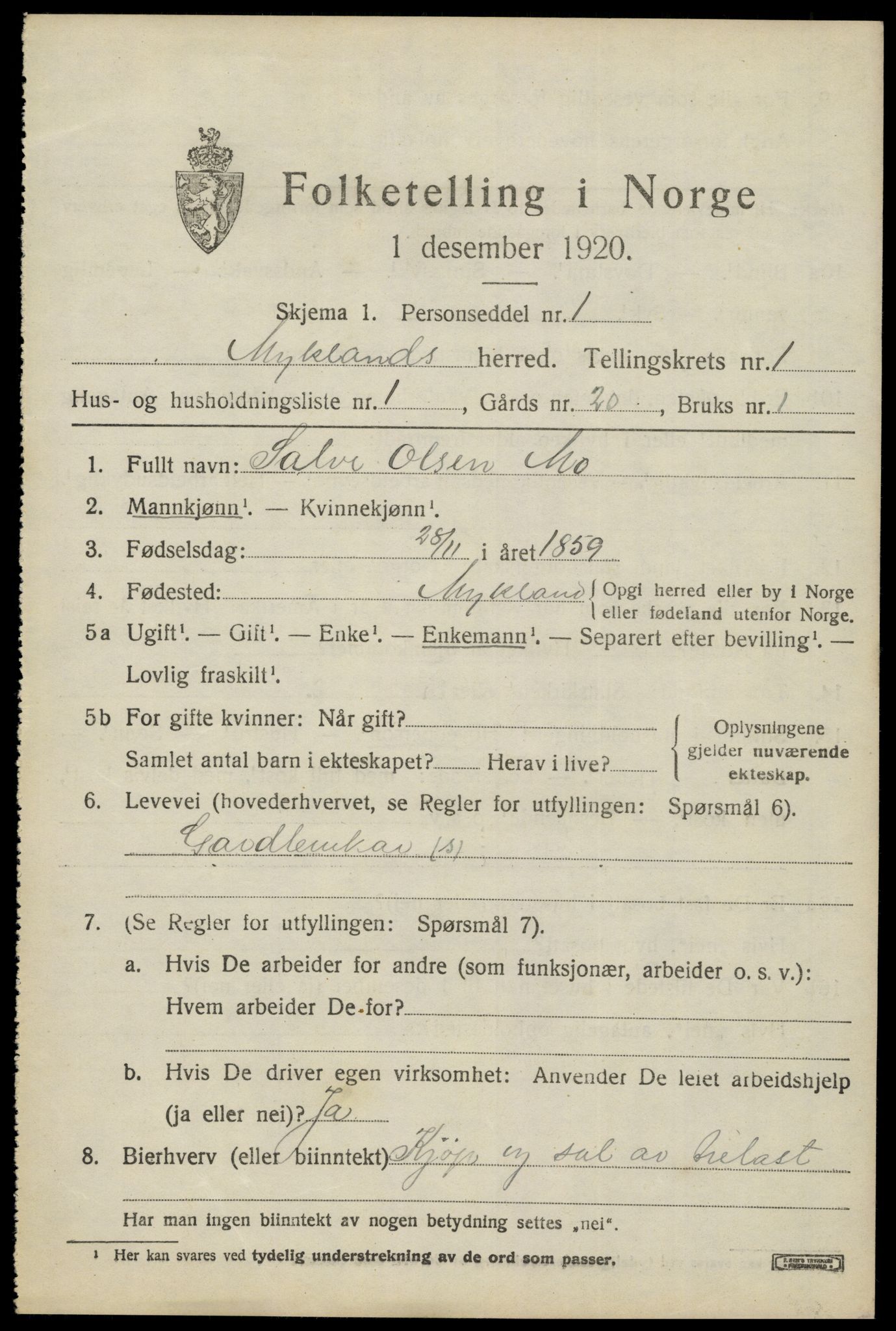 SAK, 1920 census for Mykland, 1920, p. 262