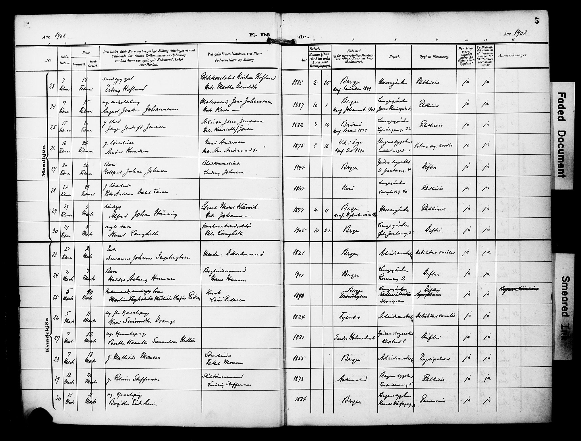 Bergen kommunale pleiehjem - stiftelsespresten, SAB/A-100281: Parish register (official) no. A 6, 1908-1920, p. 5