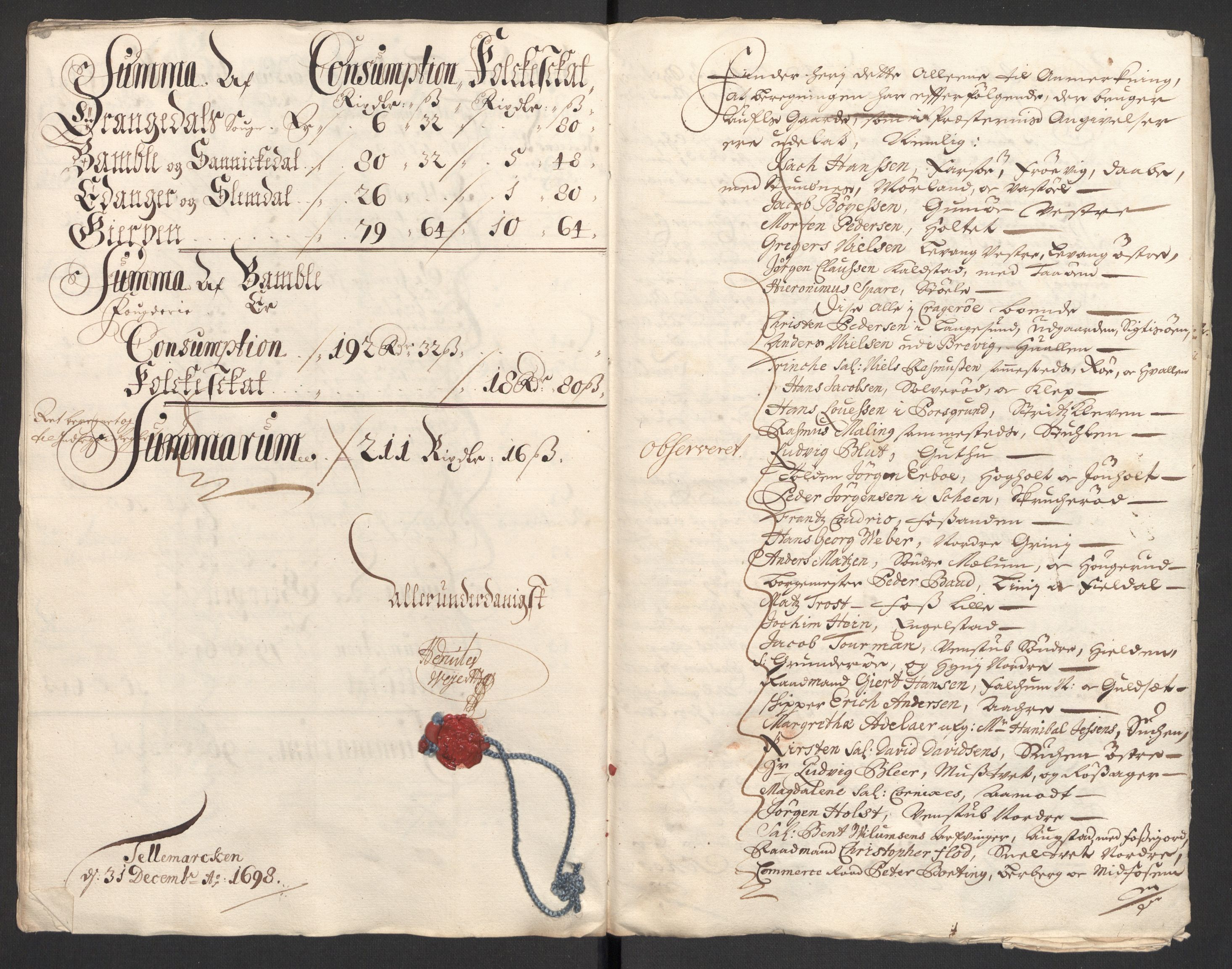 Rentekammeret inntil 1814, Reviderte regnskaper, Fogderegnskap, AV/RA-EA-4092/R36/L2099: Fogderegnskap Øvre og Nedre Telemark og Bamble, 1698, p. 186