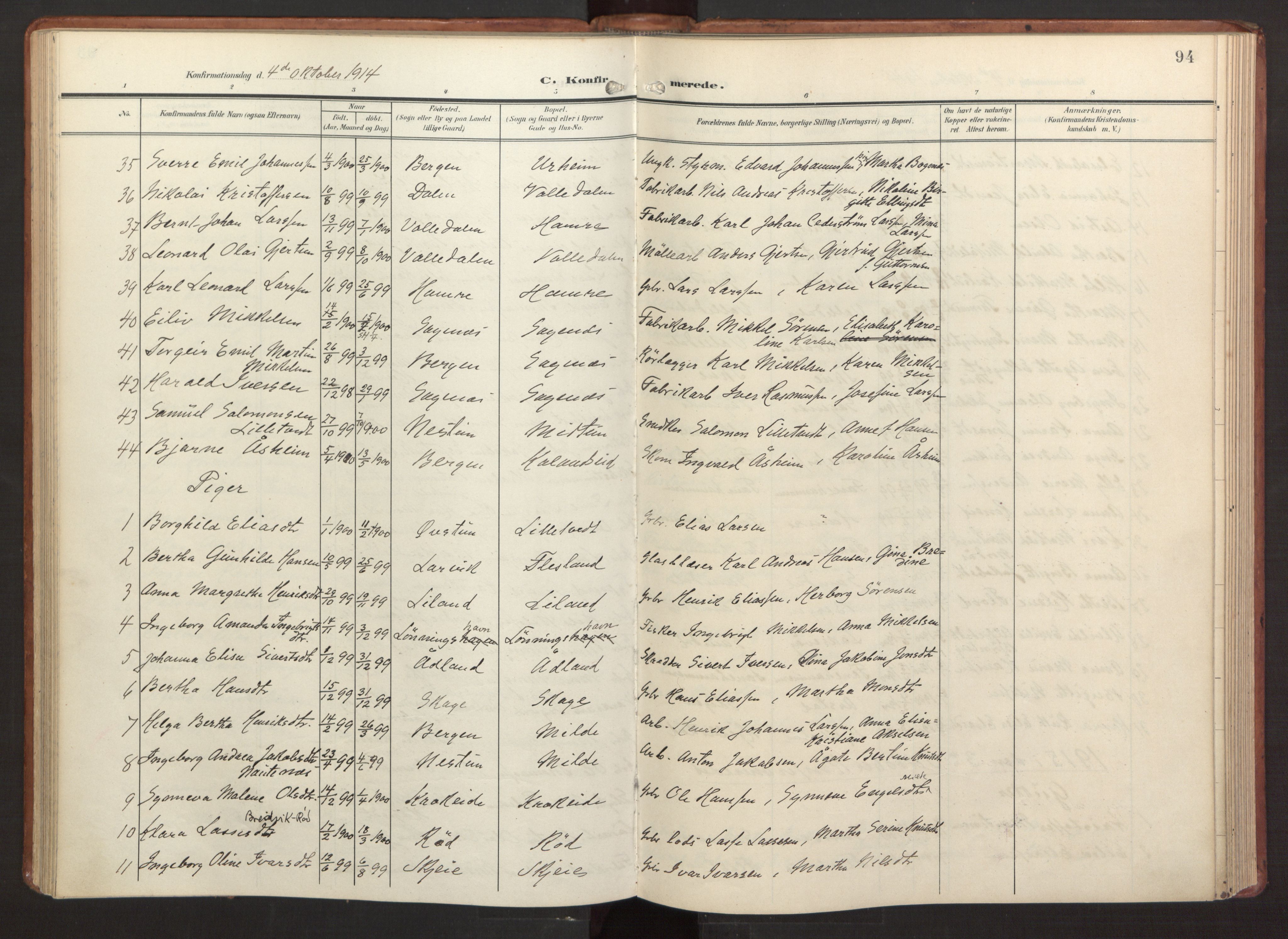 Fana Sokneprestembete, AV/SAB-A-75101/H/Haa/Haab/L0004: Parish register (official) no. B 4, 1908-1915, p. 94