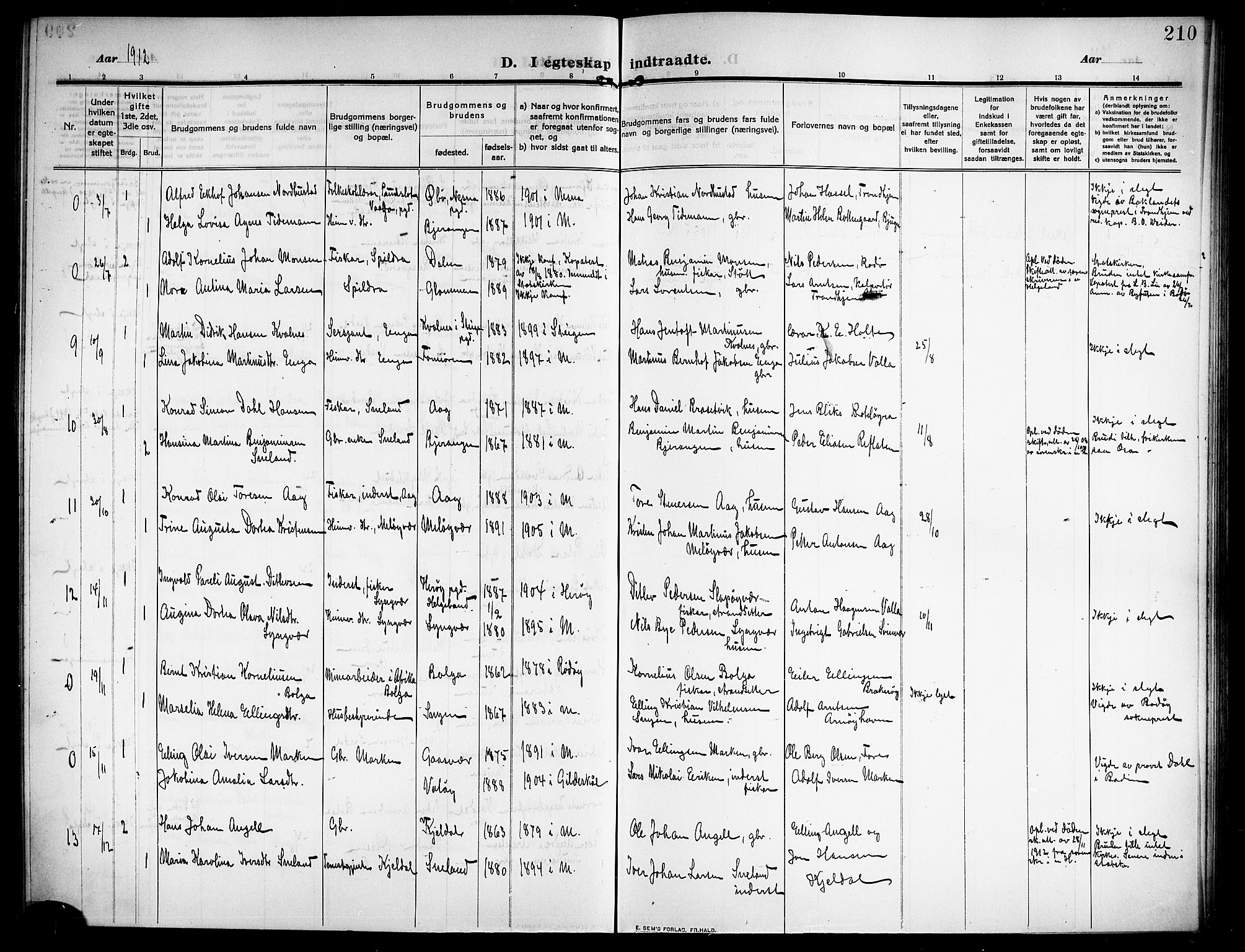 Ministerialprotokoller, klokkerbøker og fødselsregistre - Nordland, SAT/A-1459/843/L0639: Parish register (copy) no. 843C08, 1908-1924, p. 210