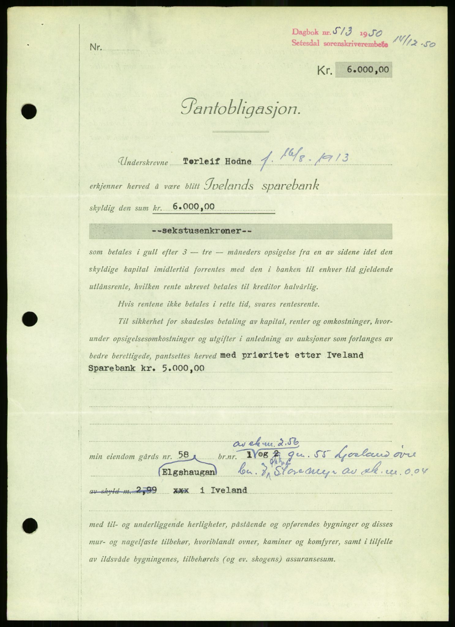 Setesdal sorenskriveri, SAK/1221-0011/G/Gb/L0050: Mortgage book no. B 38, 1949-1952, Diary no: : 513/1950