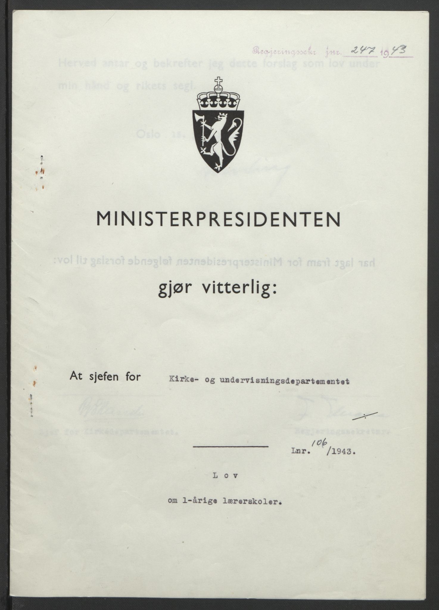 NS-administrasjonen 1940-1945 (Statsrådsekretariatet, de kommisariske statsråder mm), RA/S-4279/D/Db/L0099: Lover, 1943, p. 493