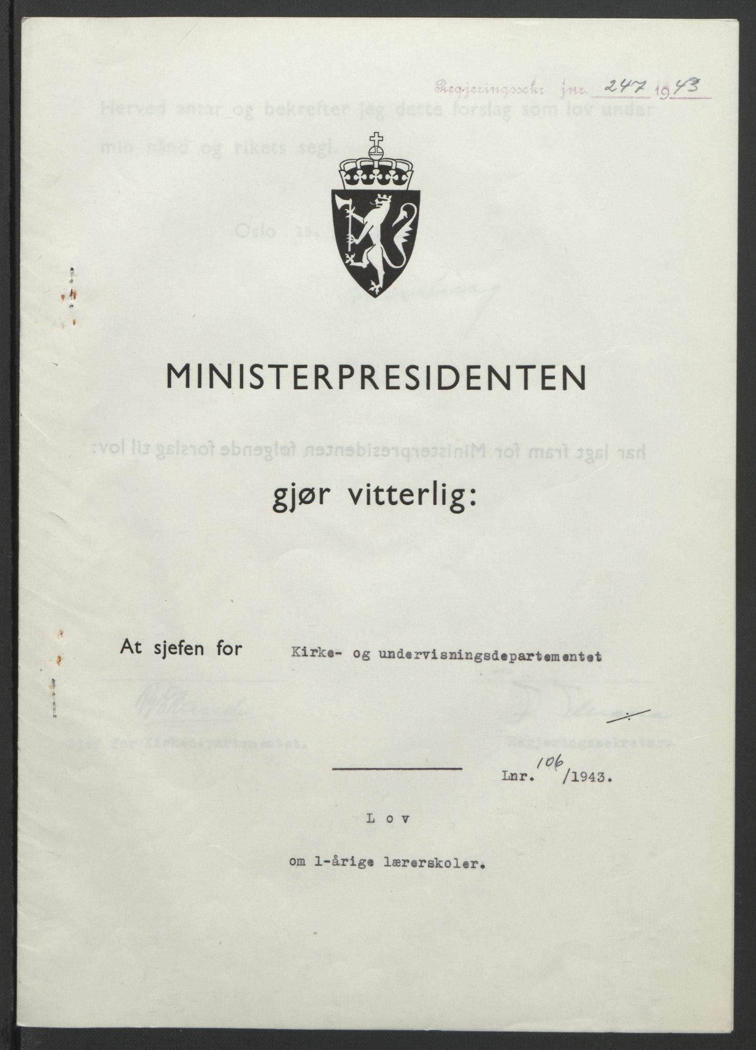 NS-administrasjonen 1940-1945 (Statsrådsekretariatet, de kommisariske statsråder mm), AV/RA-S-4279/D/Db/L0099: Lover, 1943, p. 493