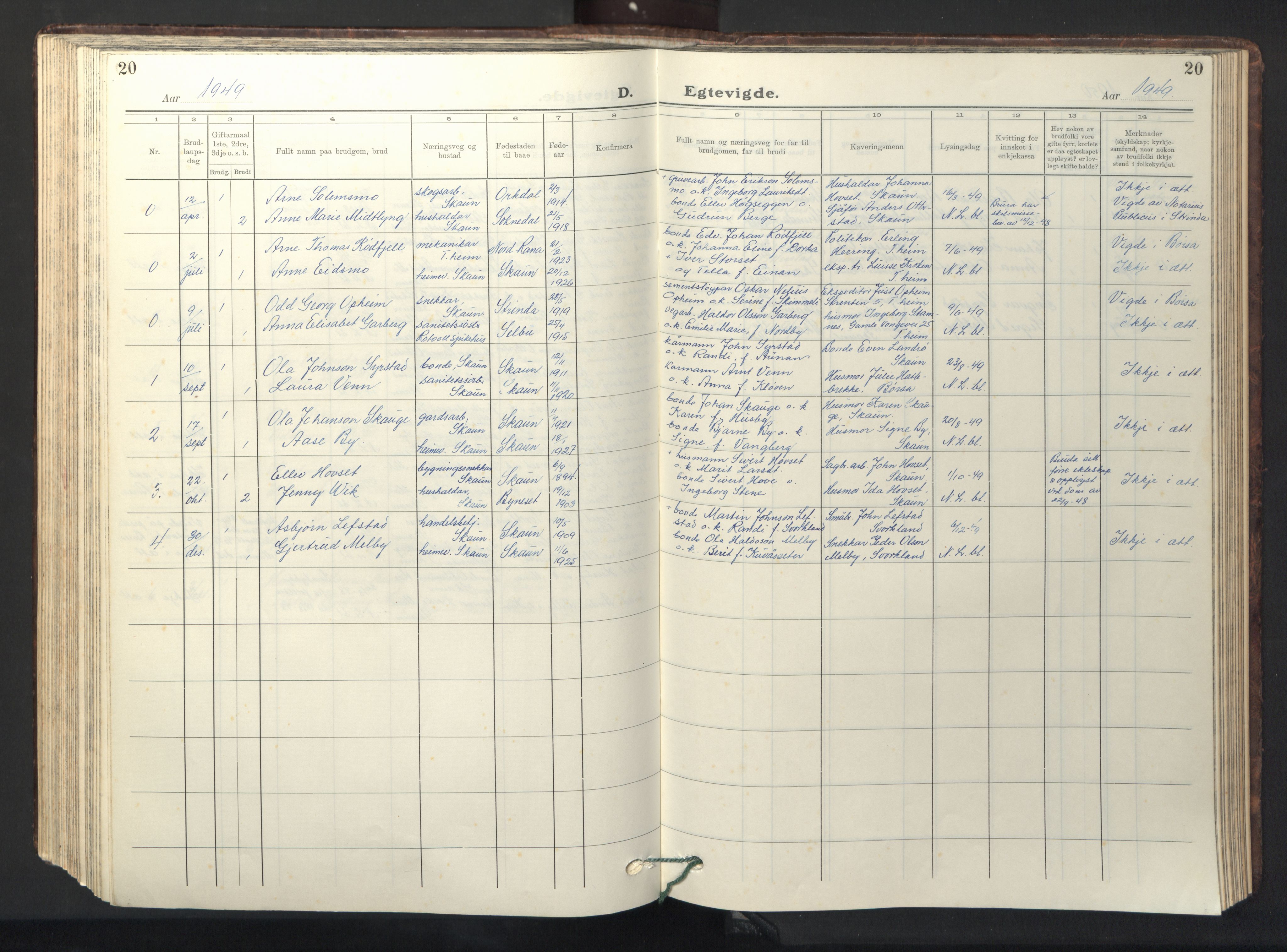 Ministerialprotokoller, klokkerbøker og fødselsregistre - Sør-Trøndelag, AV/SAT-A-1456/667/L0799: Parish register (copy) no. 667C04, 1929-1950, p. 20