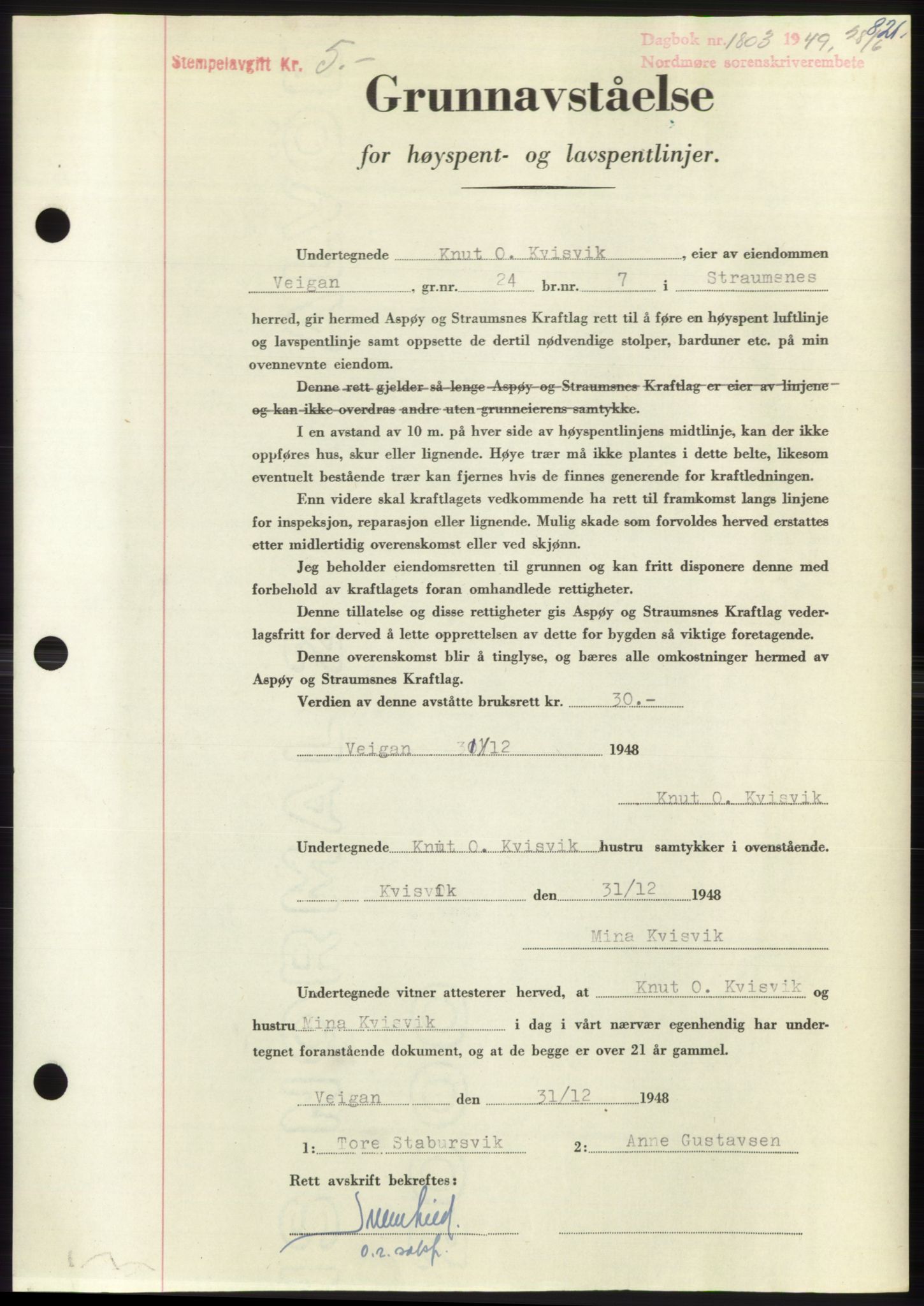 Nordmøre sorenskriveri, AV/SAT-A-4132/1/2/2Ca: Mortgage book no. B101, 1949-1949, Diary no: : 1803/1949