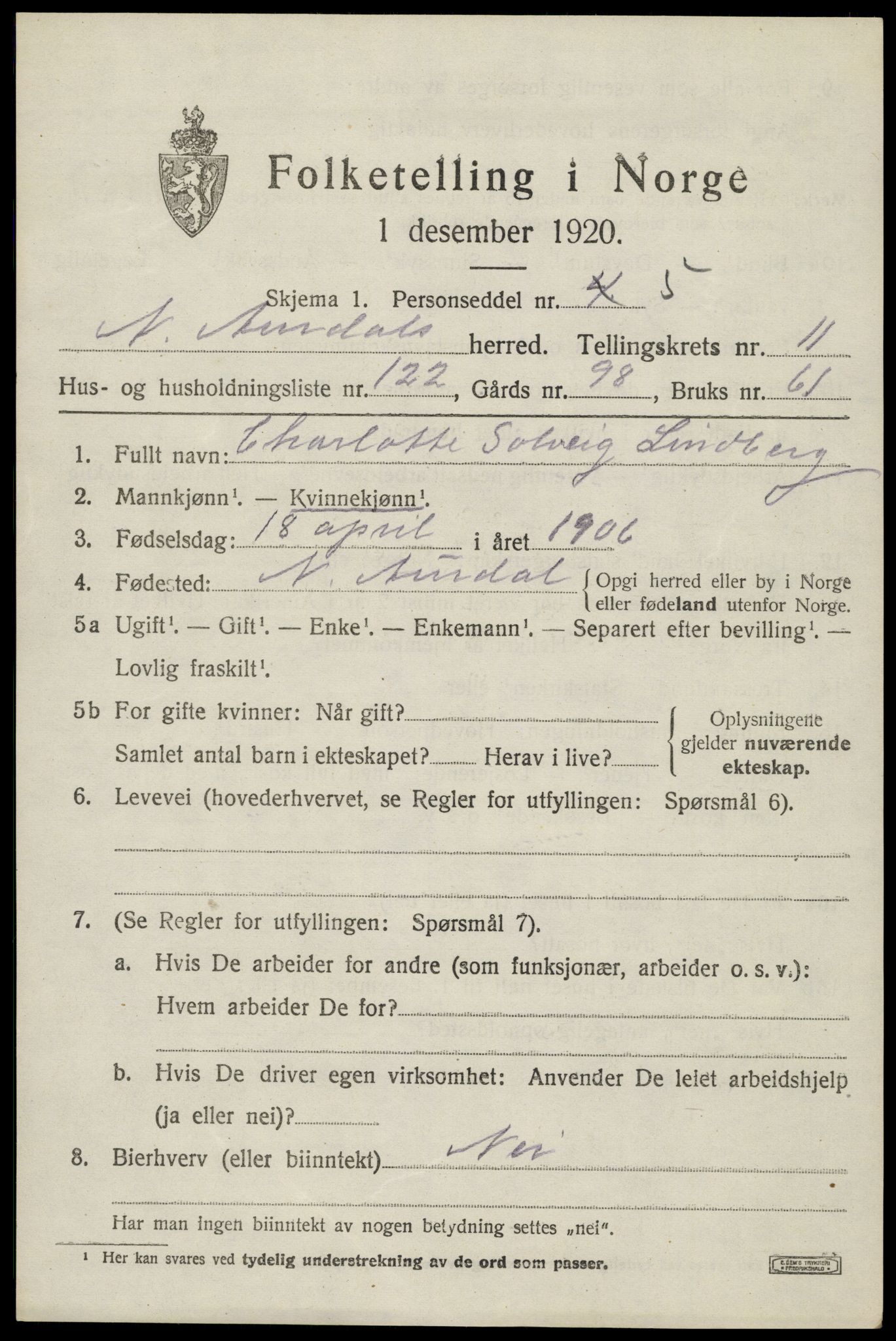 SAH, 1920 census for Nord-Aurdal, 1920, p. 9874