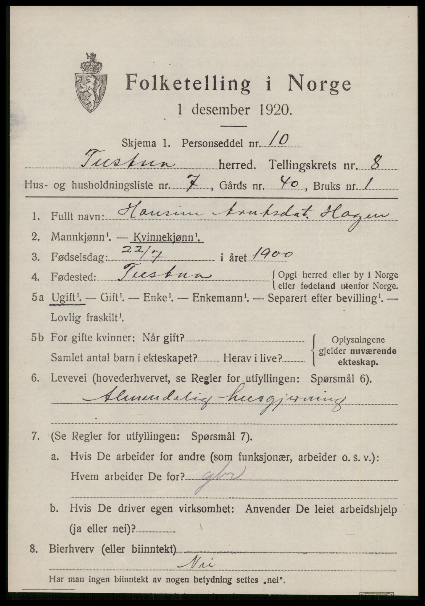 SAT, 1920 census for Tustna, 1920, p. 3683