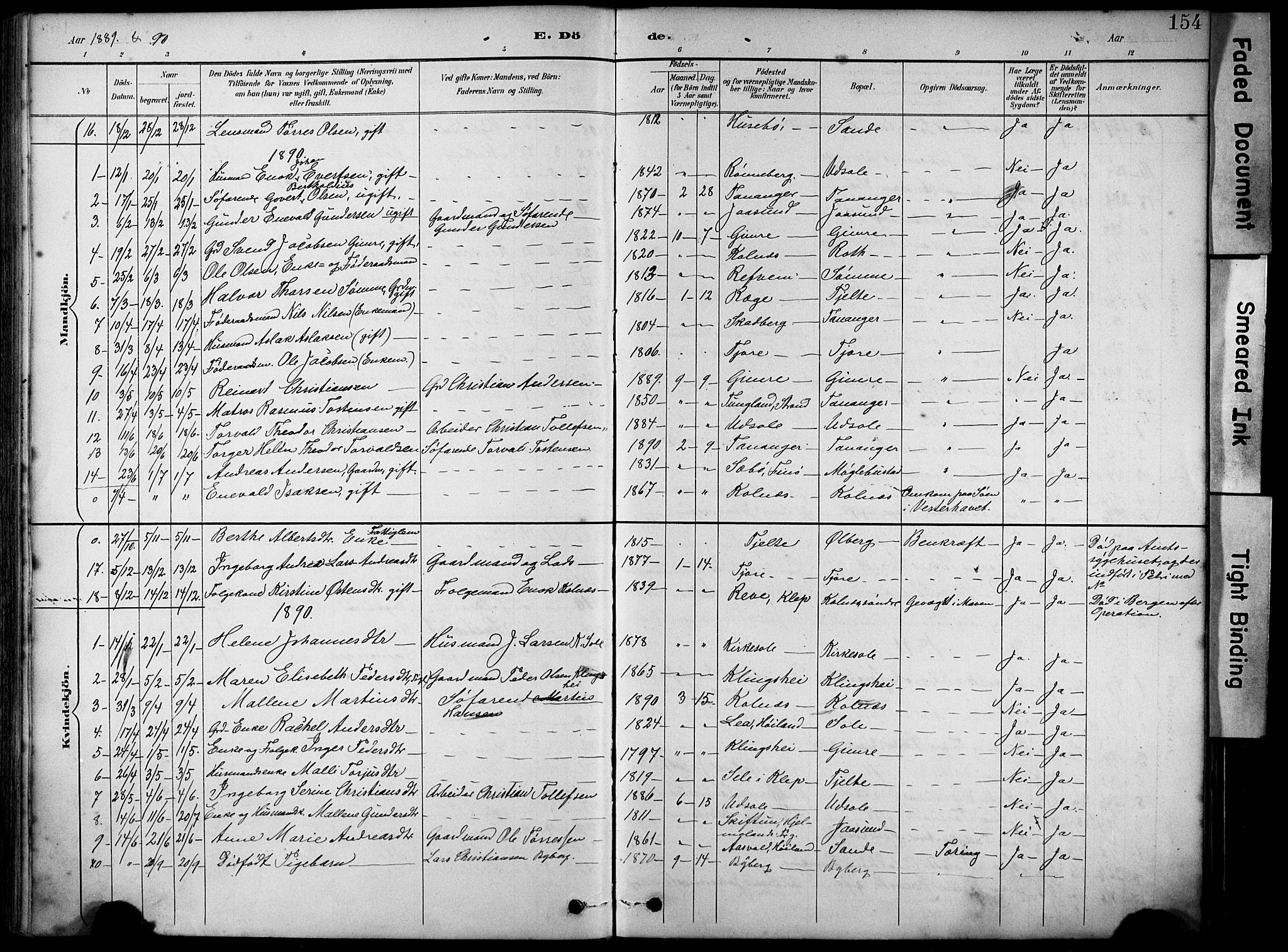 Håland sokneprestkontor, AV/SAST-A-101802/001/30BA/L0012: Parish register (official) no. A 11, 1889-1900, p. 154