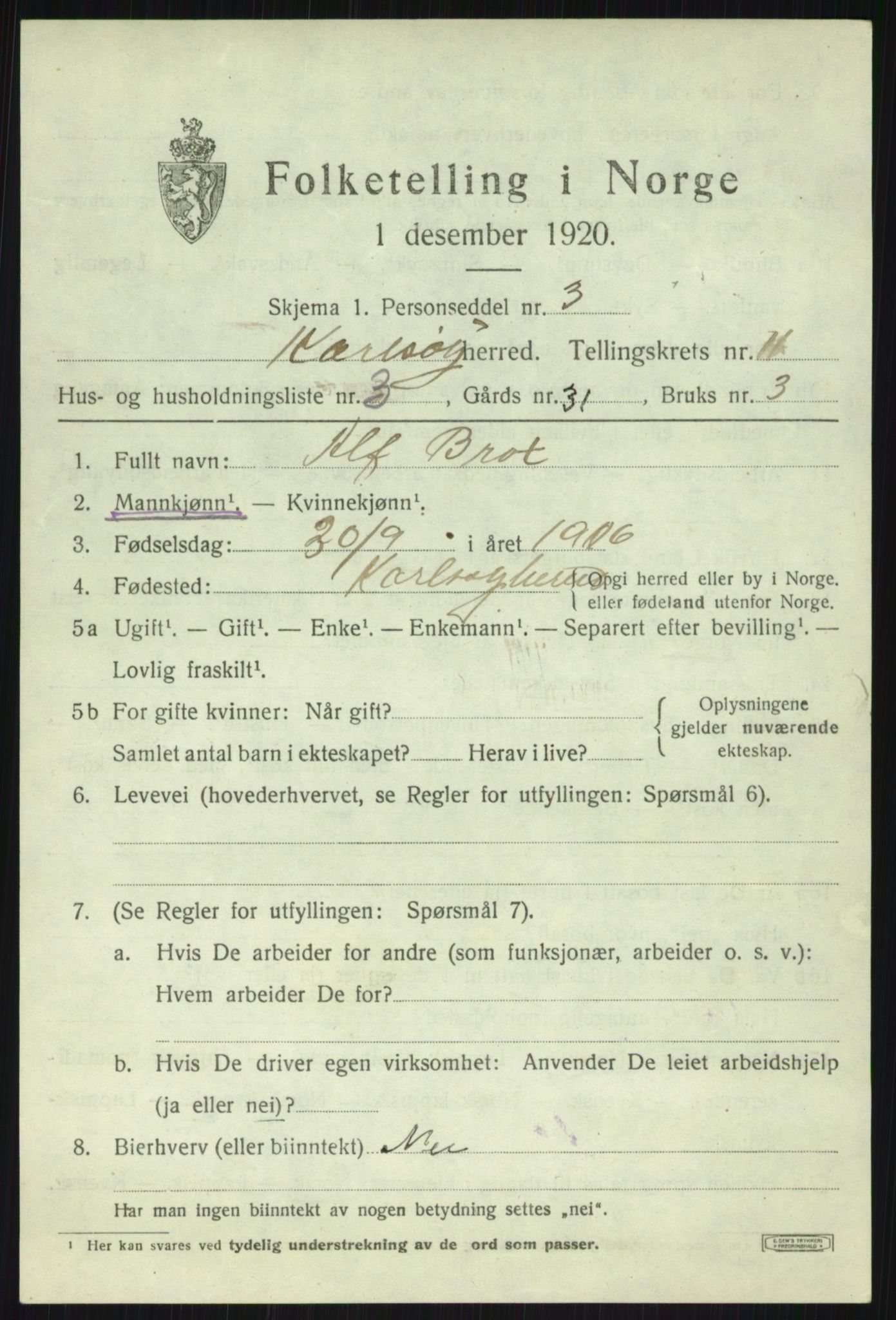 SATØ, 1920 census for Karlsøy, 1920, p. 4010