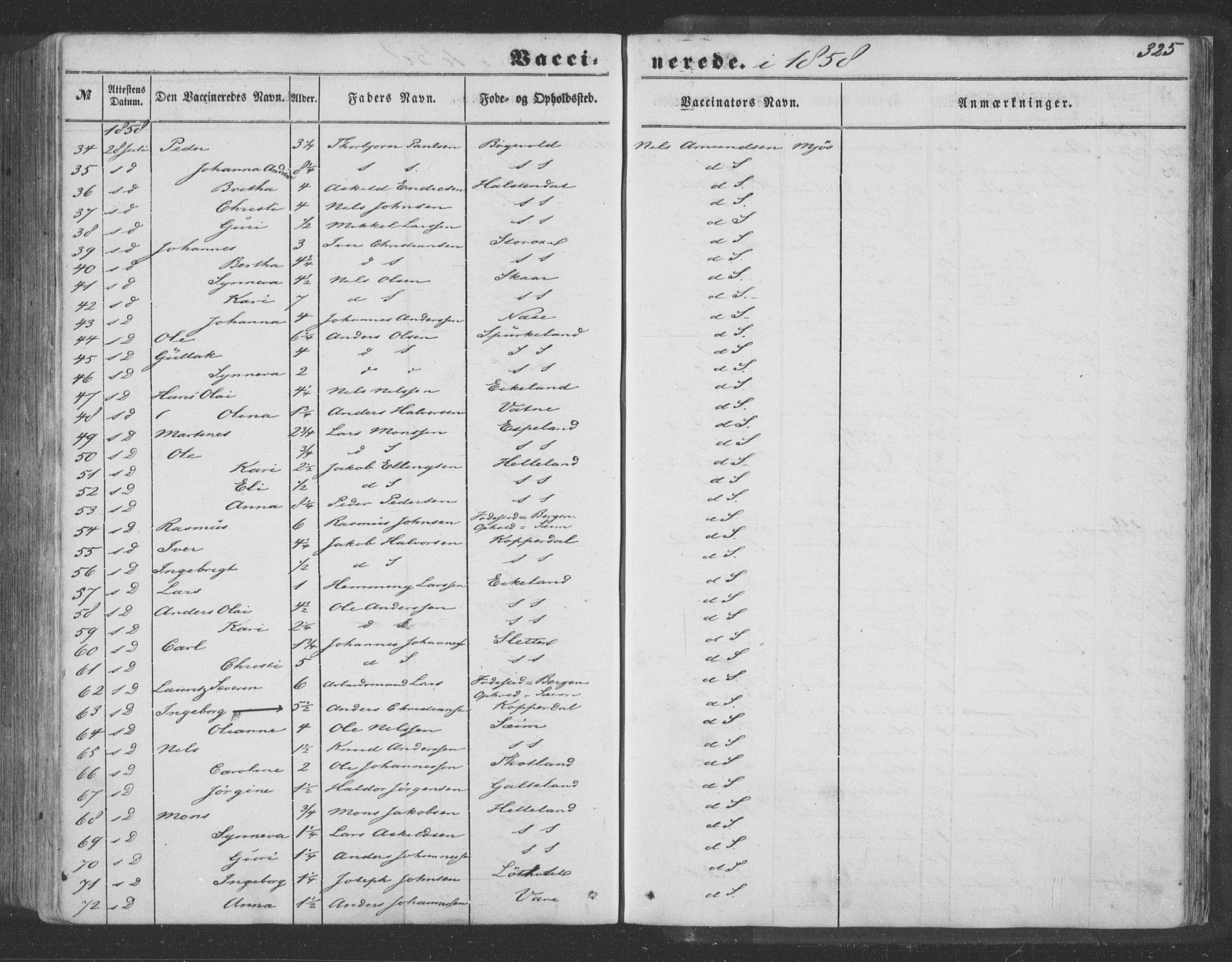 Hosanger sokneprestembete, AV/SAB-A-75801/H/Haa: Parish register (official) no. A 8, 1849-1863, p. 325