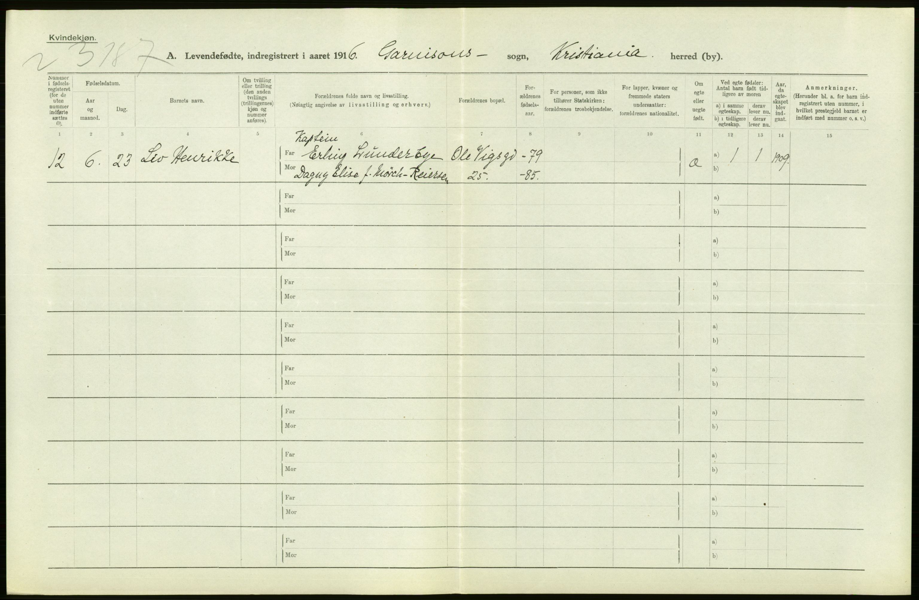 Statistisk sentralbyrå, Sosiodemografiske emner, Befolkning, AV/RA-S-2228/D/Df/Dfb/Dfbf/L0007: Kristiania: Levendefødte menn og kvinner., 1916, p. 476