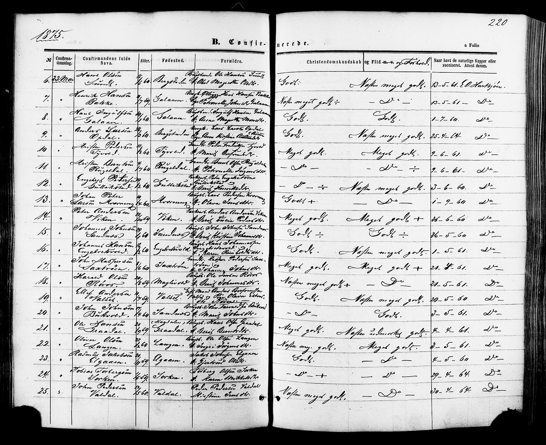 Ministerialprotokoller, klokkerbøker og fødselsregistre - Sør-Trøndelag, SAT/A-1456/681/L0932: Parish register (official) no. 681A10, 1860-1878, p. 220