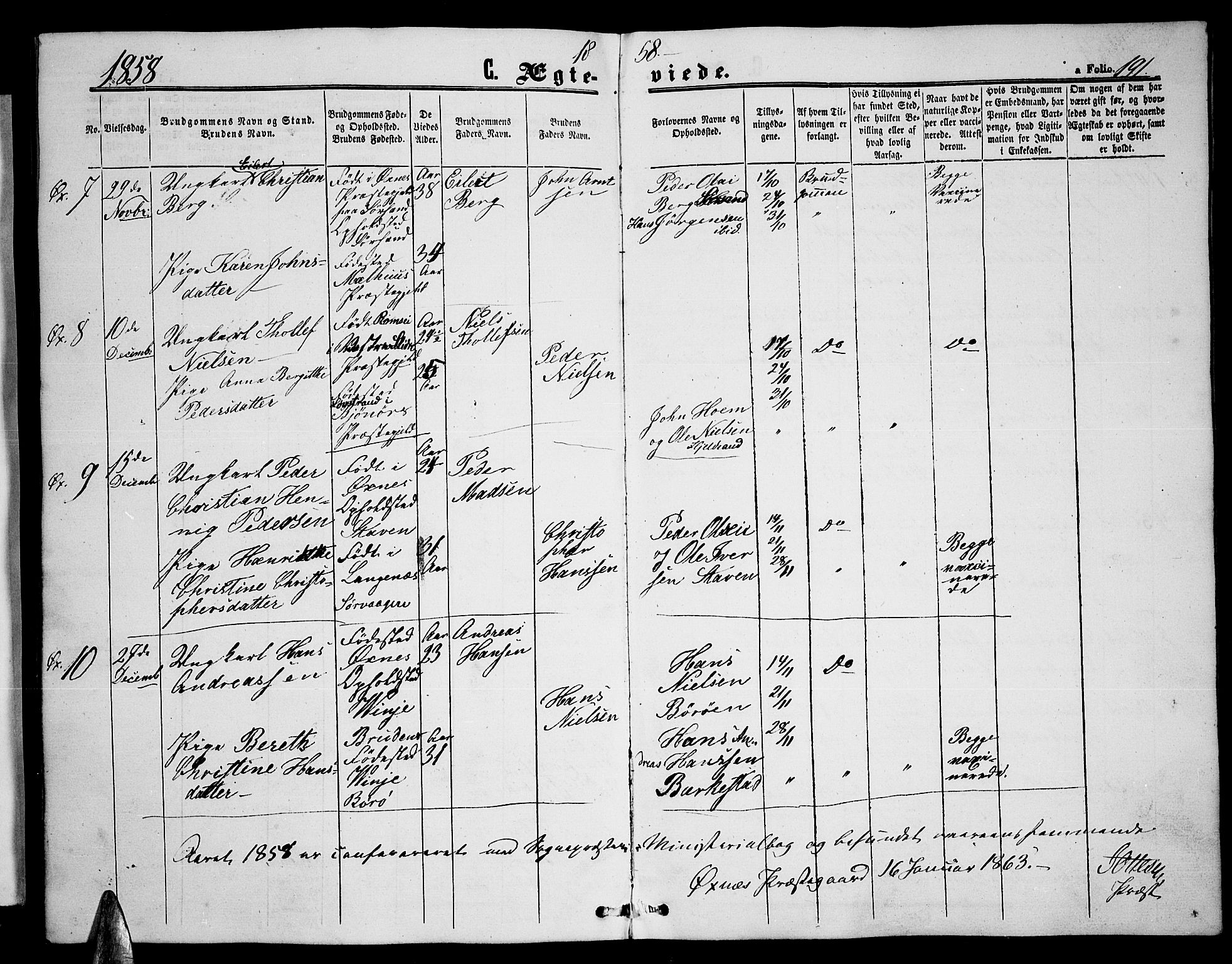 Ministerialprotokoller, klokkerbøker og fødselsregistre - Nordland, AV/SAT-A-1459/893/L1347: Parish register (copy) no. 893C02, 1858-1866, p. 191