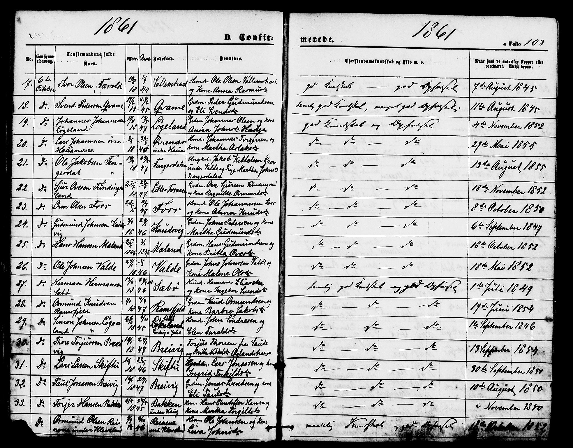 Hjelmeland sokneprestkontor, AV/SAST-A-101843/01/IV/L0011: Parish register (official) no. A 11, 1861-1878, p. 103