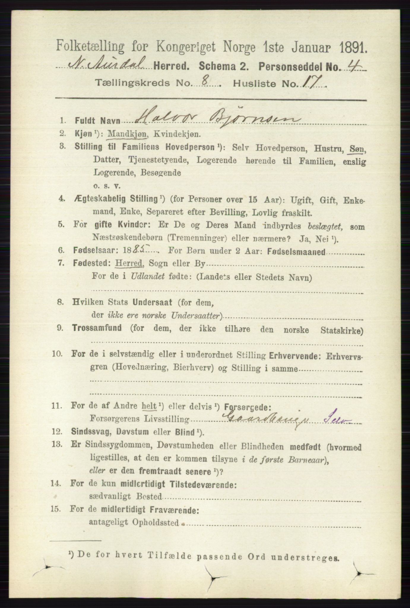 RA, 1891 census for 0542 Nord-Aurdal, 1891, p. 2905