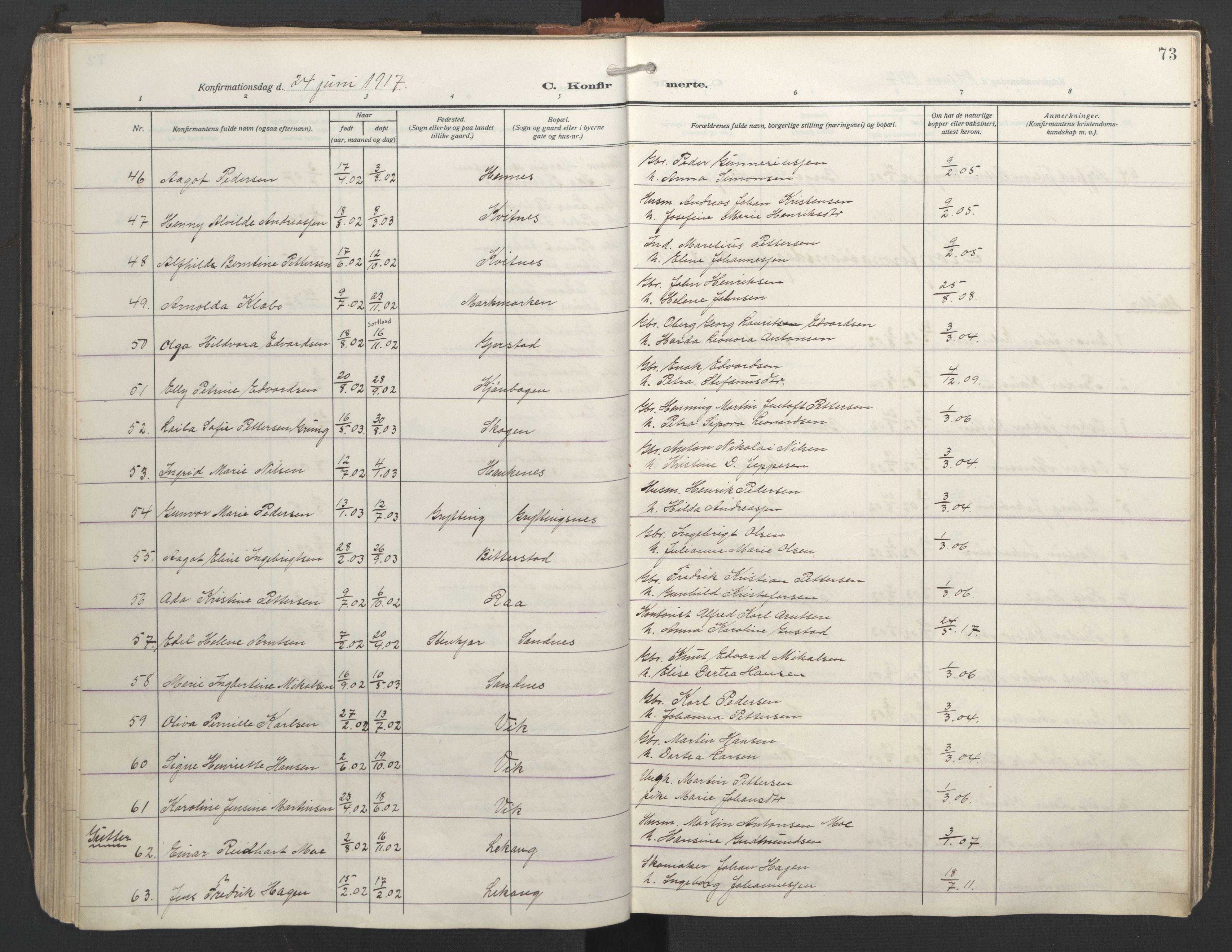 Ministerialprotokoller, klokkerbøker og fødselsregistre - Nordland, SAT/A-1459/888/L1249: Parish register (official) no. 888A15, 1911-1929, p. 73