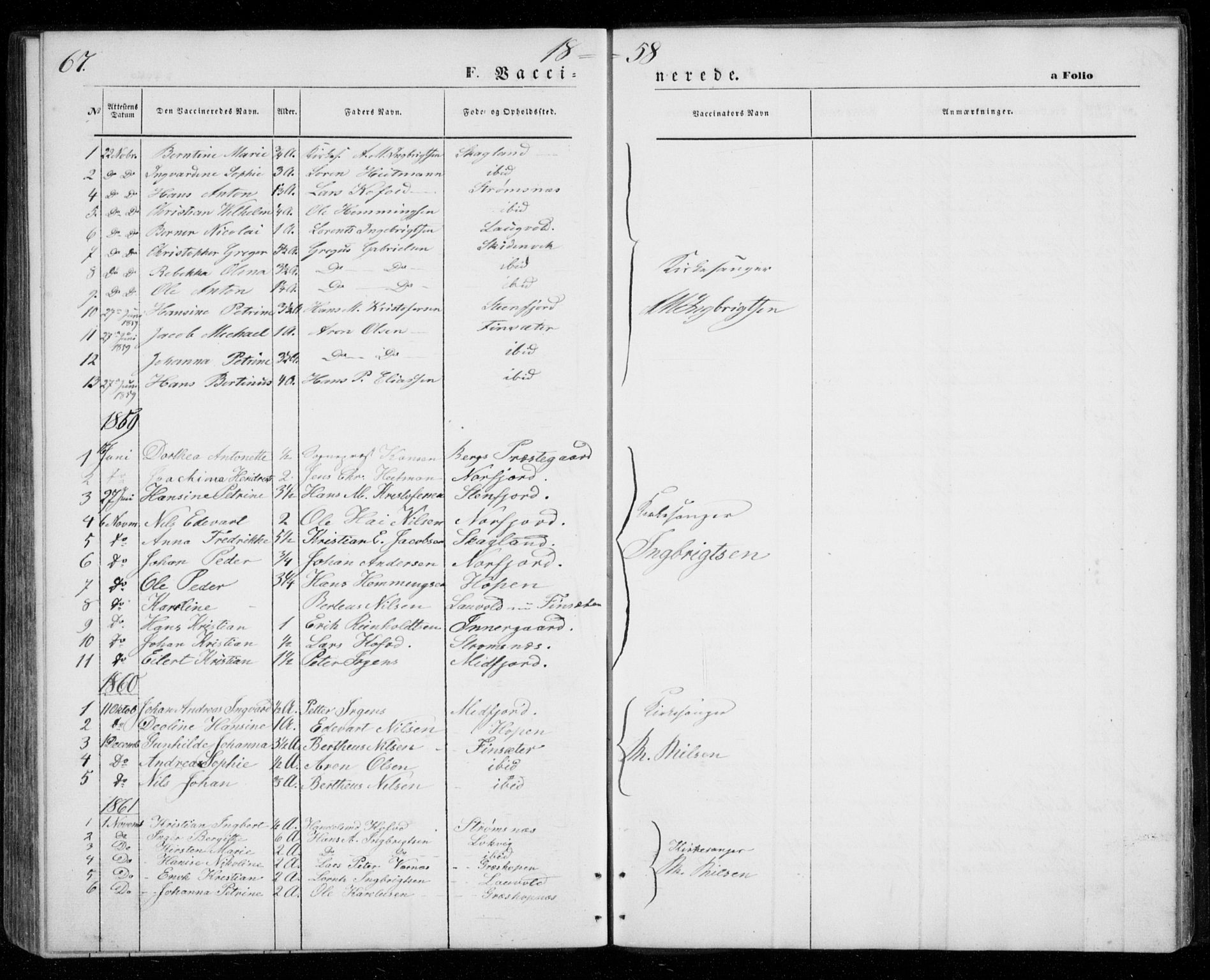 Berg sokneprestkontor, SATØ/S-1318/G/Ga/Gab/L0002klokker: Parish register (copy) no. 2, 1851-1874, p. 67