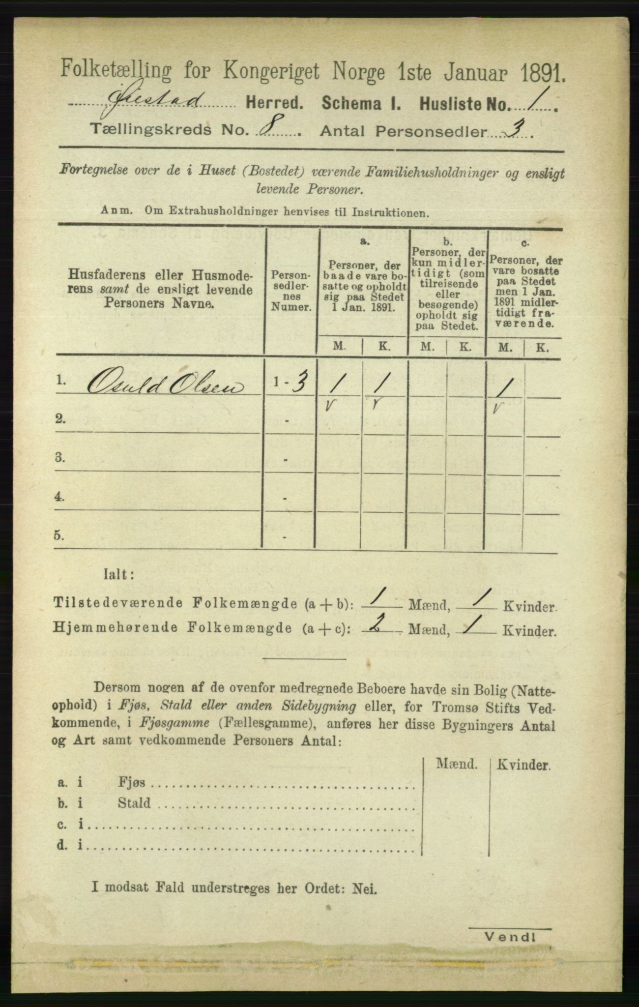 RA, 1891 census for 0920 Øyestad, 1891, p. 3135