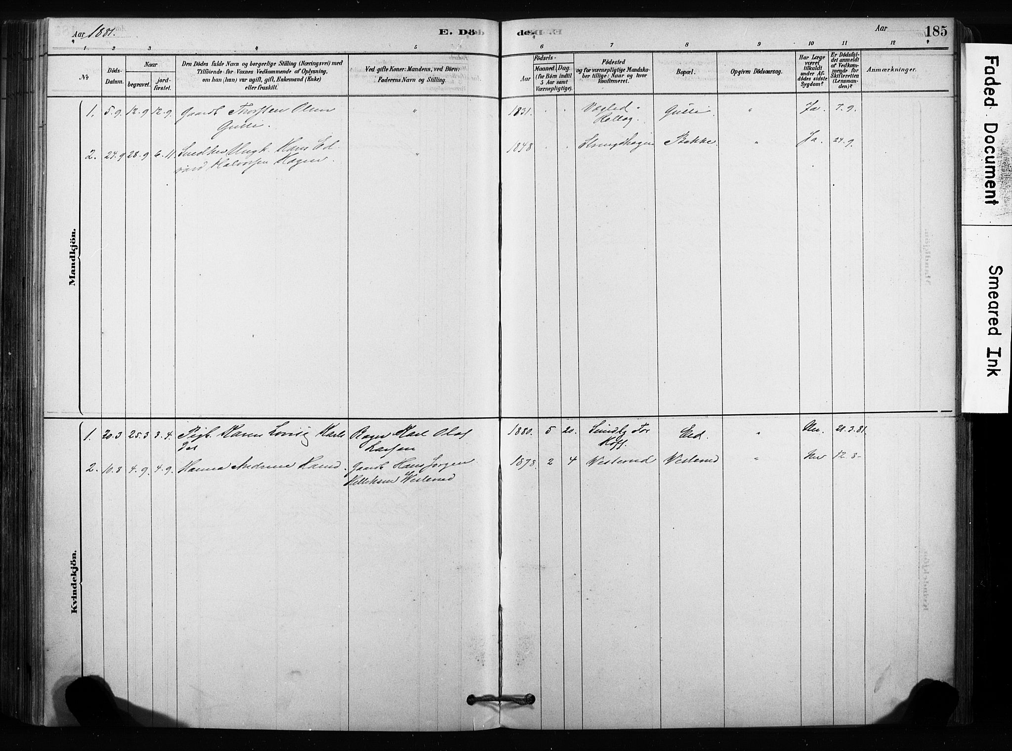 Sandsvær kirkebøker, SAKO/A-244/F/Fc/L0001: Parish register (official) no. III 1, 1878-1923, p. 185