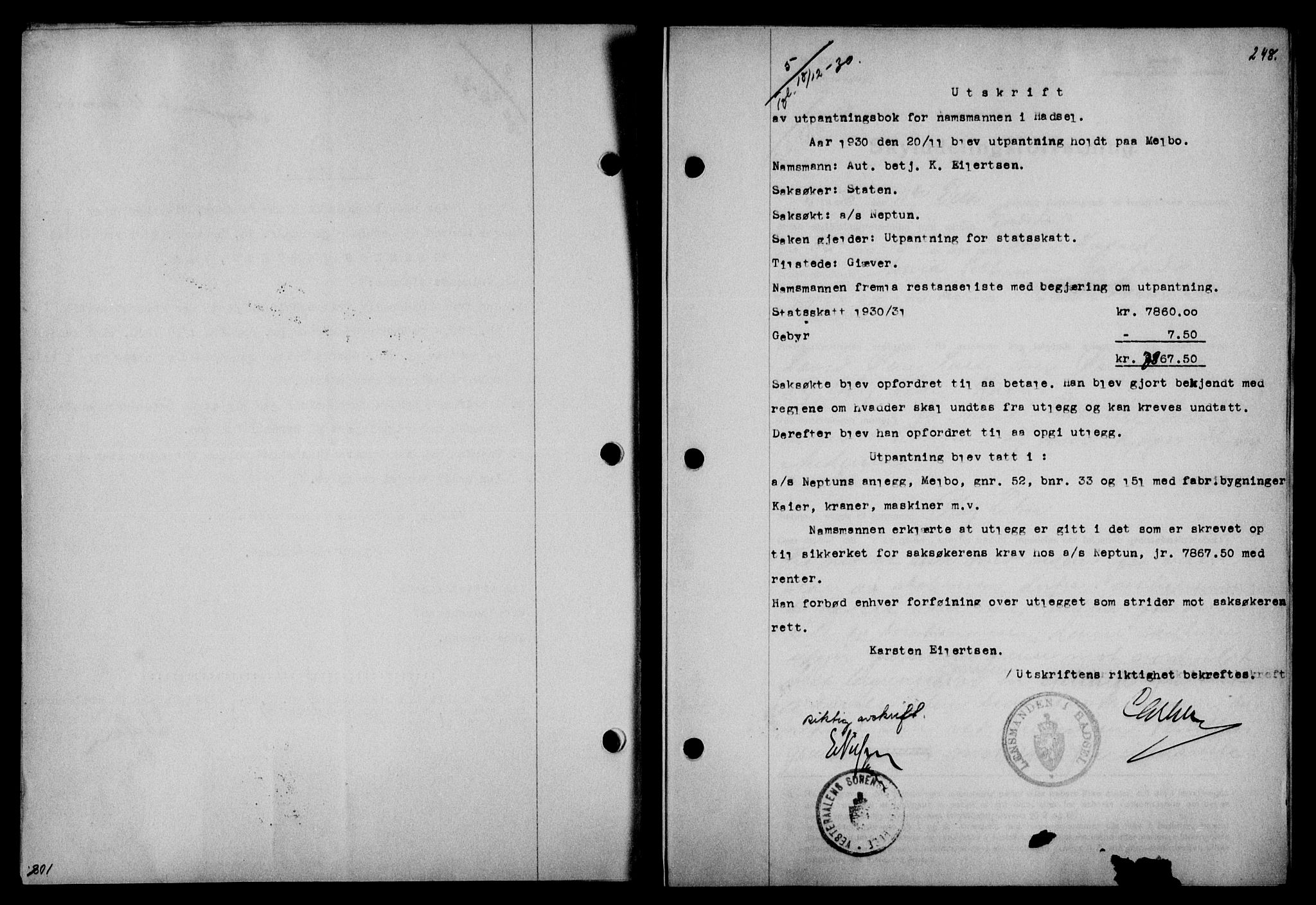 Vesterålen sorenskriveri, SAT/A-4180/1/2/2Ca/L0052: Mortgage book no. 45, 1930-1931, Deed date: 18.12.1930