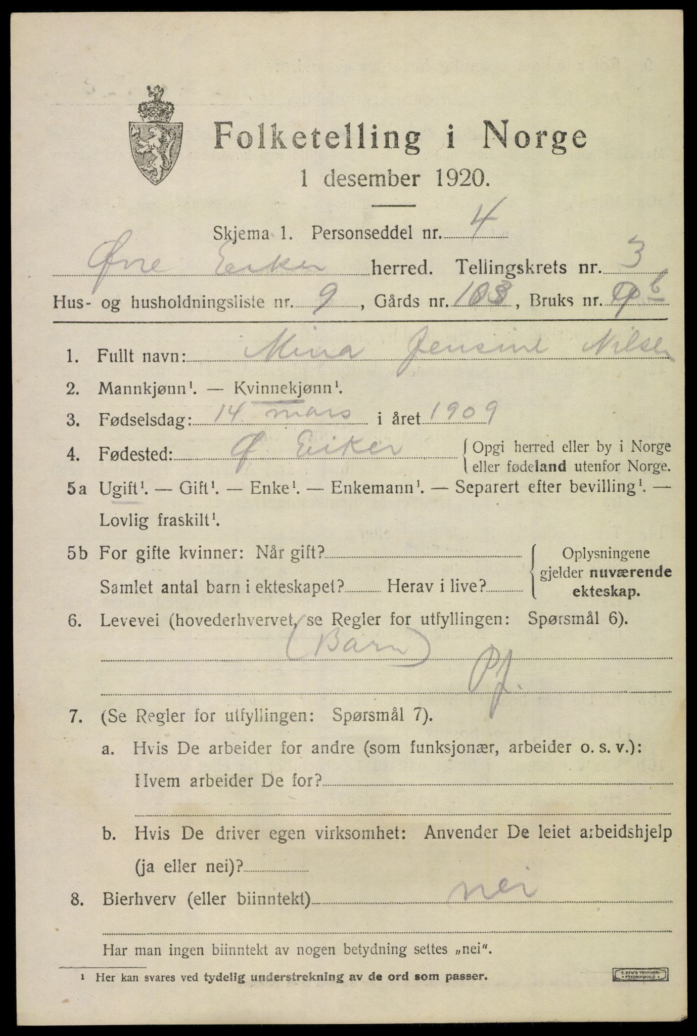 SAKO, 1920 census for Øvre Eiker, 1920, p. 8200