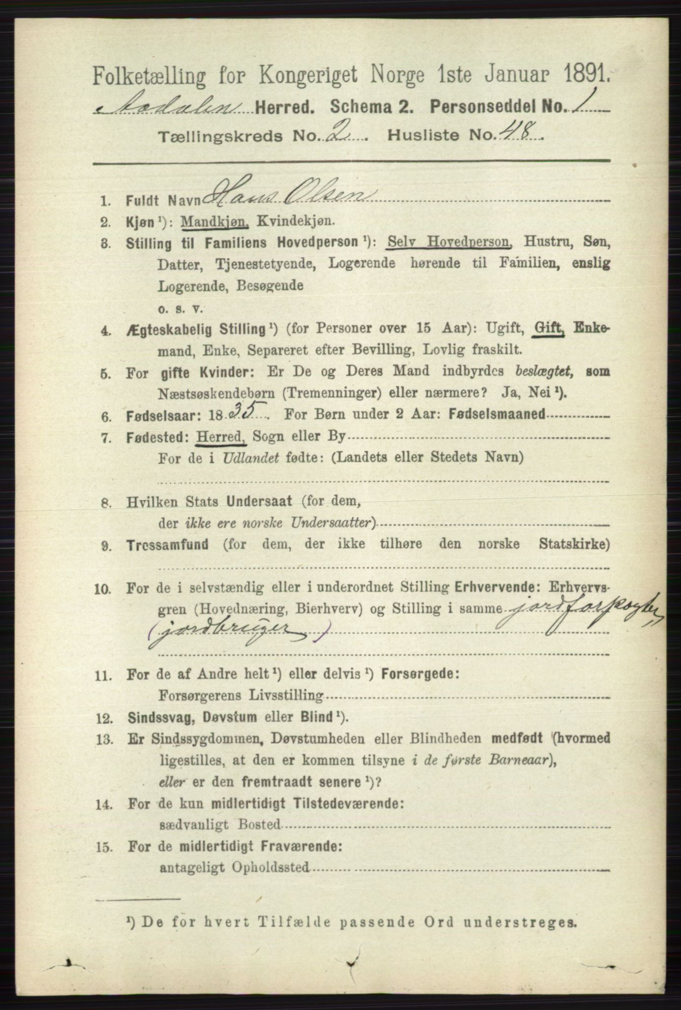 RA, 1891 census for 0614 Ådal, 1891, p. 955
