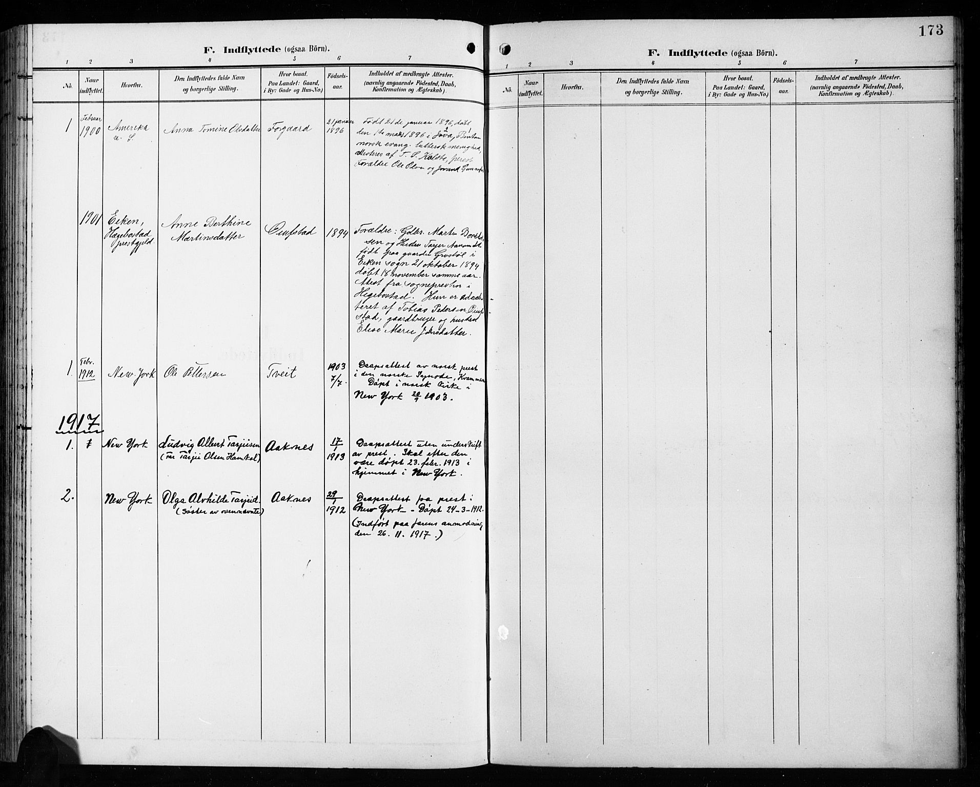 Åseral sokneprestkontor, SAK/1111-0051/F/Fb/L0003: Parish register (copy) no. B 3, 1900-1919, p. 173