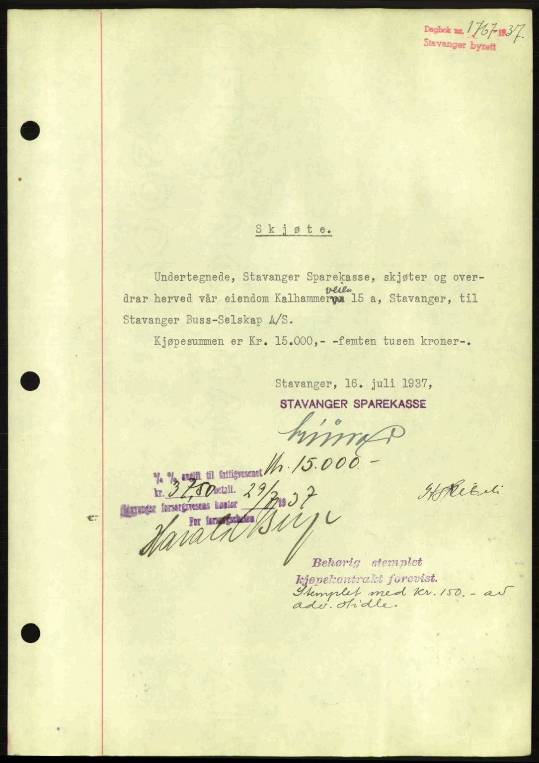 Stavanger byrett, SAST/A-100455/002/G/Gb/L0012: Mortgage book no. A2, 1936-1937, Diary no: : 1767/1937