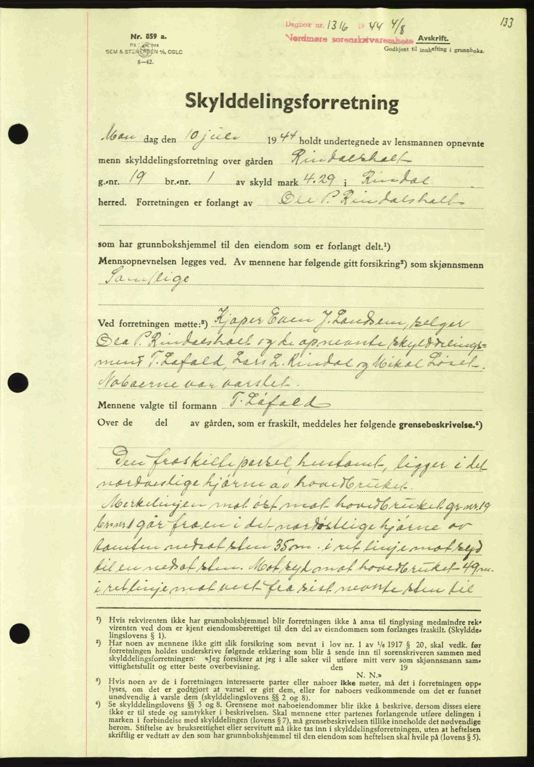 Nordmøre sorenskriveri, AV/SAT-A-4132/1/2/2Ca: Mortgage book no. A98, 1944-1944, Diary no: : 1316/1944