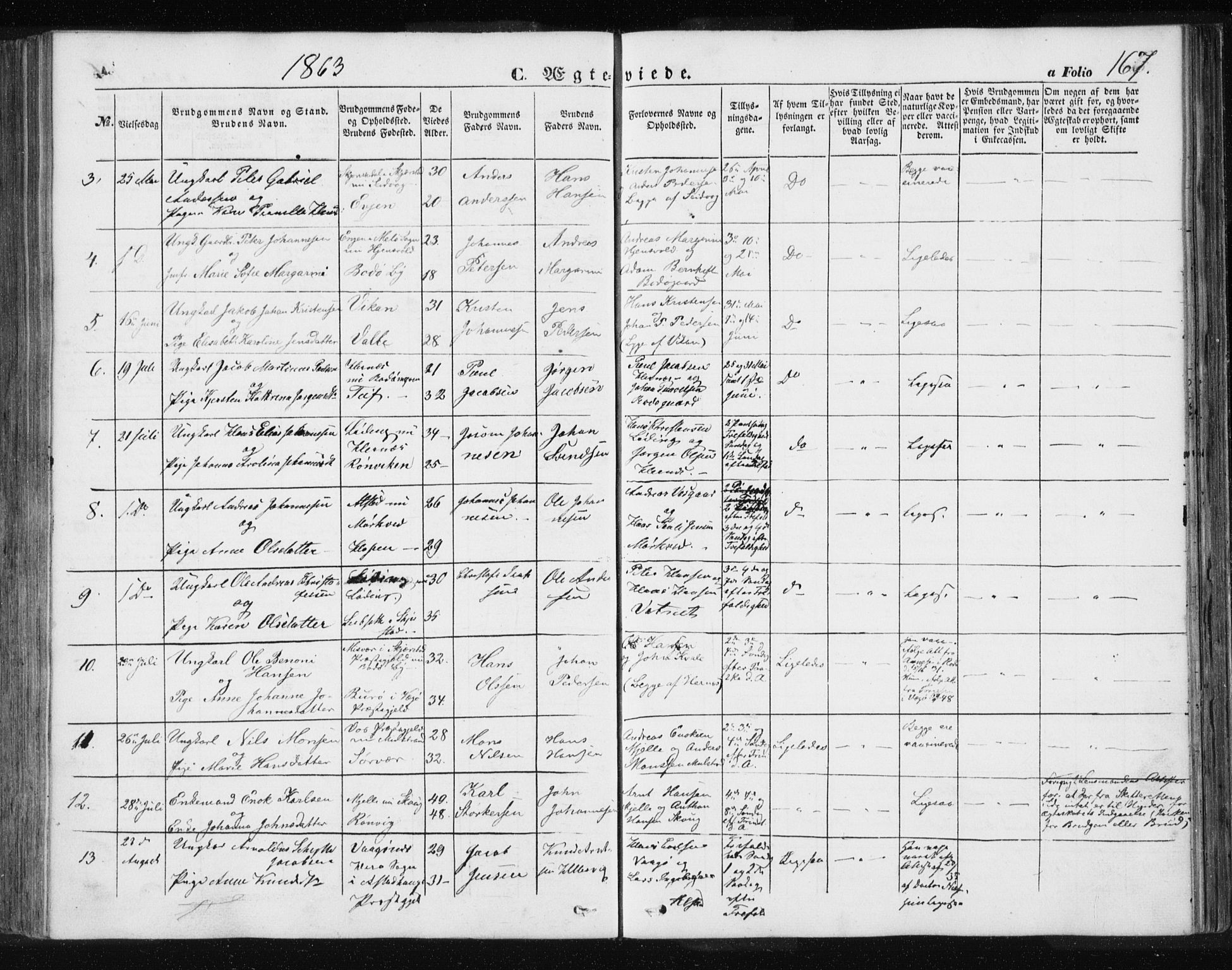 Ministerialprotokoller, klokkerbøker og fødselsregistre - Nordland, AV/SAT-A-1459/801/L0028: Parish register (copy) no. 801C03, 1855-1867, p. 167