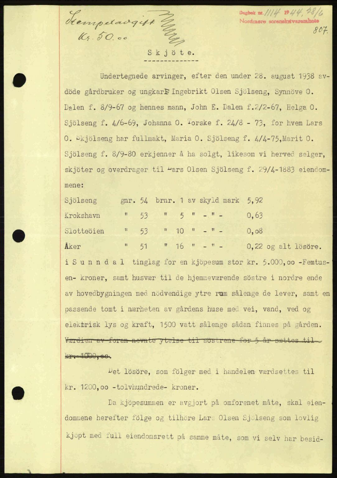 Nordmøre sorenskriveri, AV/SAT-A-4132/1/2/2Ca: Mortgage book no. A97, 1944-1944, Diary no: : 1114/1944