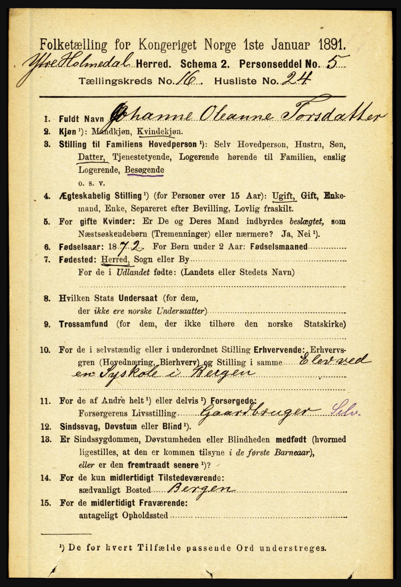 RA, 1891 census for 1429 Ytre Holmedal, 1891, p. 4386