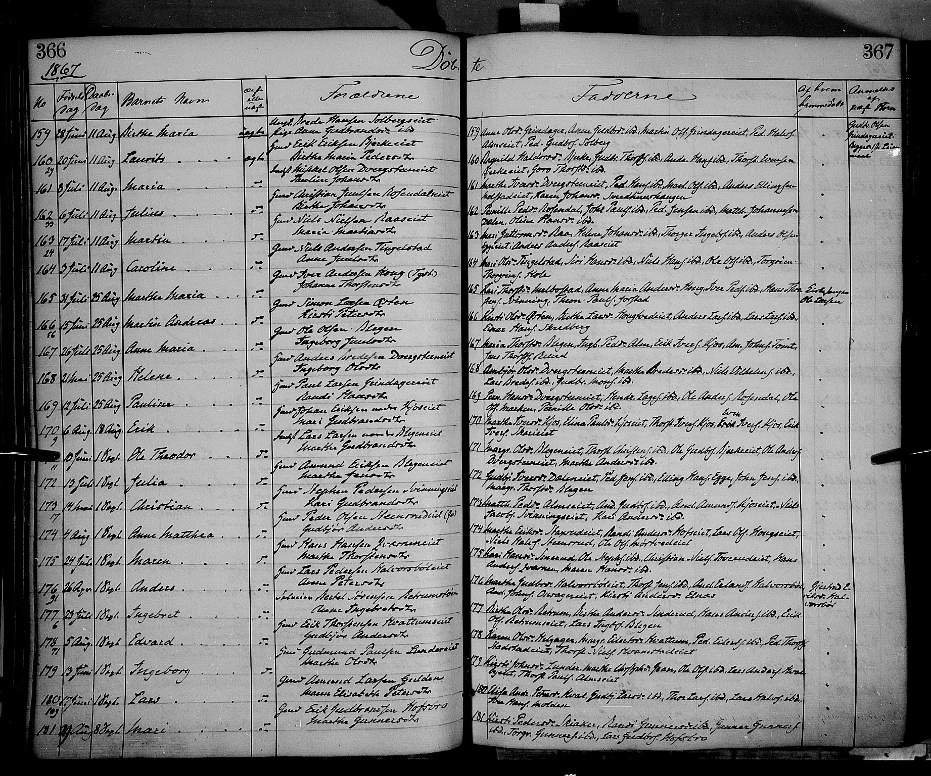 Gran prestekontor, AV/SAH-PREST-112/H/Ha/Haa/L0012: Parish register (official) no. 12, 1856-1874, p. 366-367