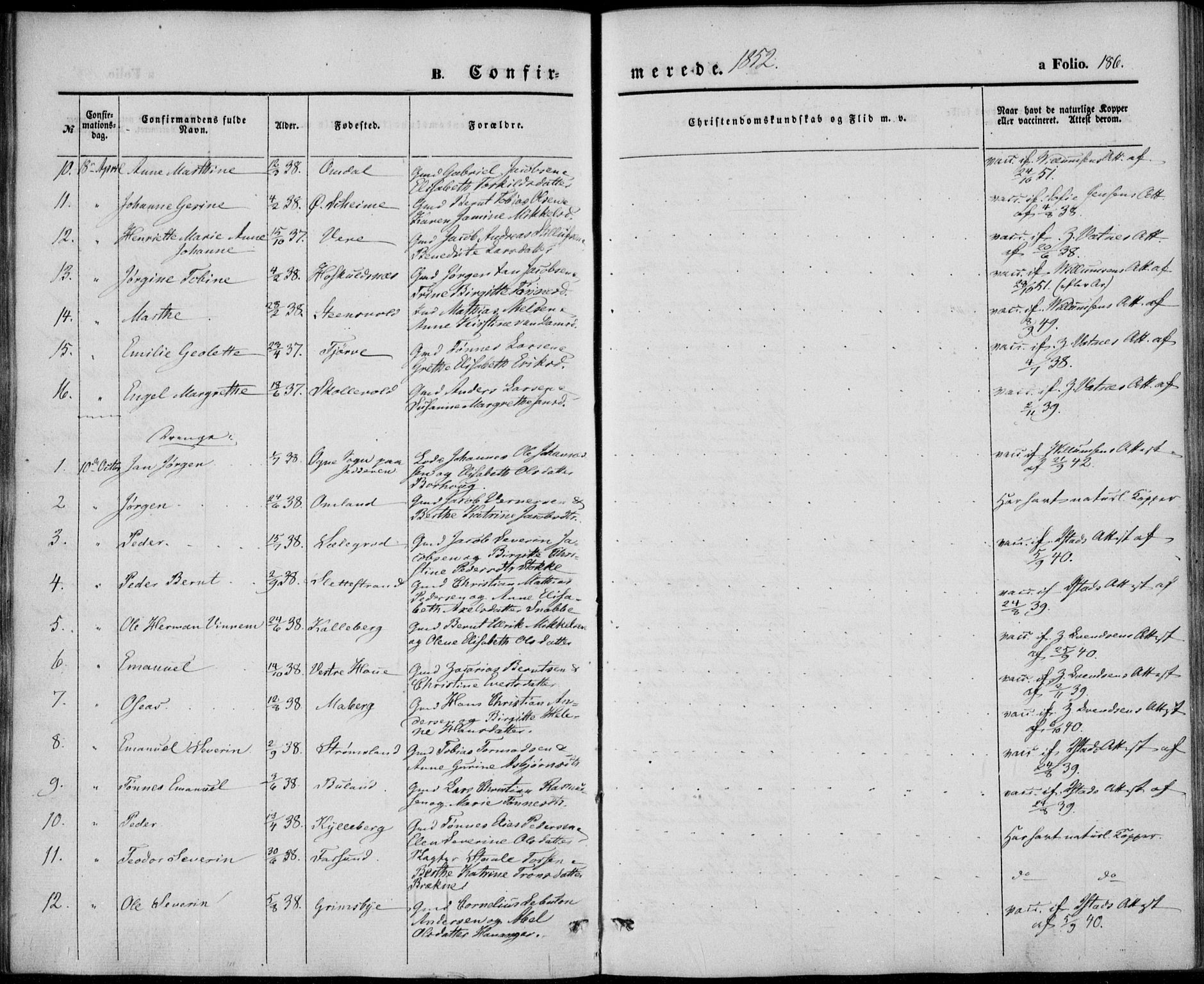 Lista sokneprestkontor, AV/SAK-1111-0027/F/Fb/L0002: Parish register (copy) no. B 2, 1847-1862, p. 186